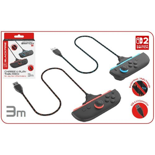 Mandos Switch negros con cables USB, empaquetados para Carga y Juego Joy-Con.