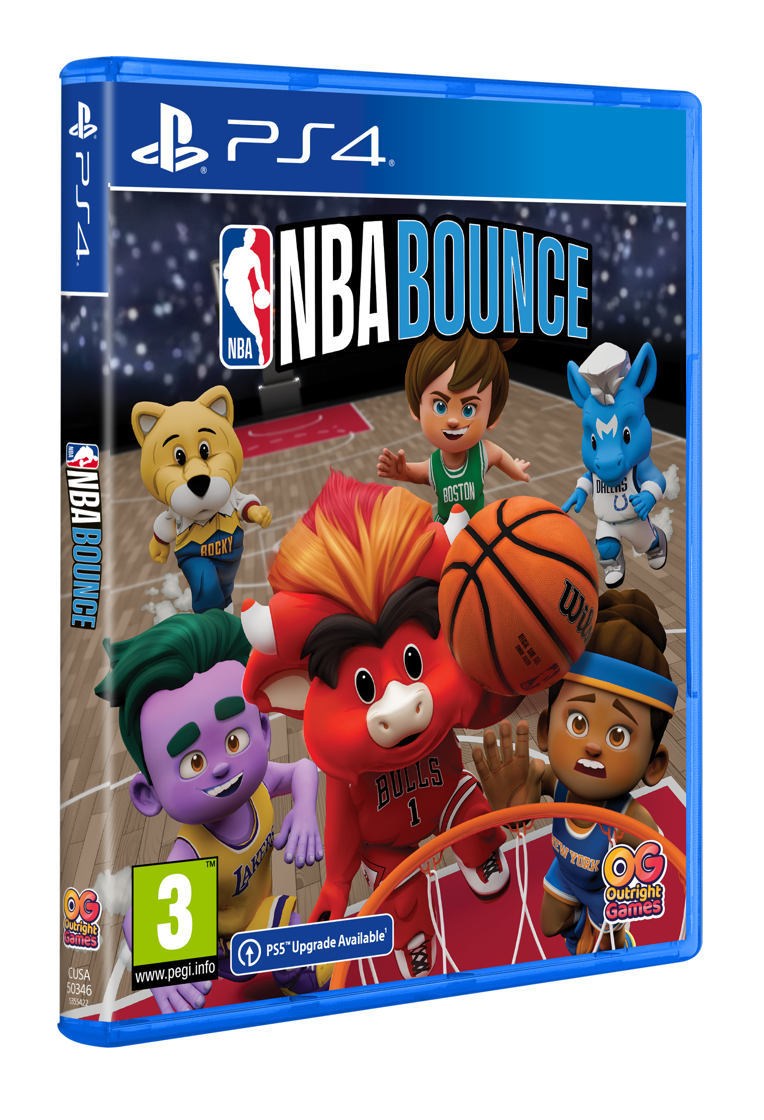 Caja del juego NBA Bounce para PS4 con mascotas de dibujos animados en cancha de baloncesto.