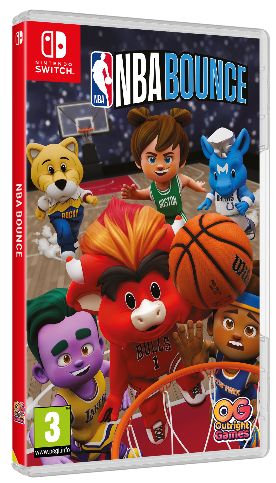 Portada del juego Nintendo Switch NBA Bounce con jugadores de baloncesto y mascotas de dibujos animados.