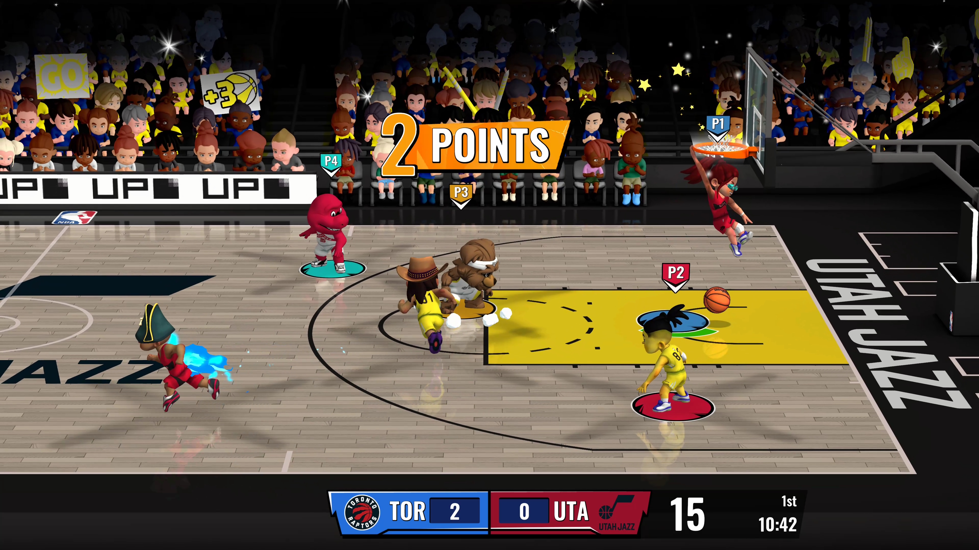 Juego de baloncesto de dibujos animados. Jugadores con uniformes de equipo. Utah Jazz vs. Toronto Raptors. Marcador muestra el juego en curso. 2 puntos.