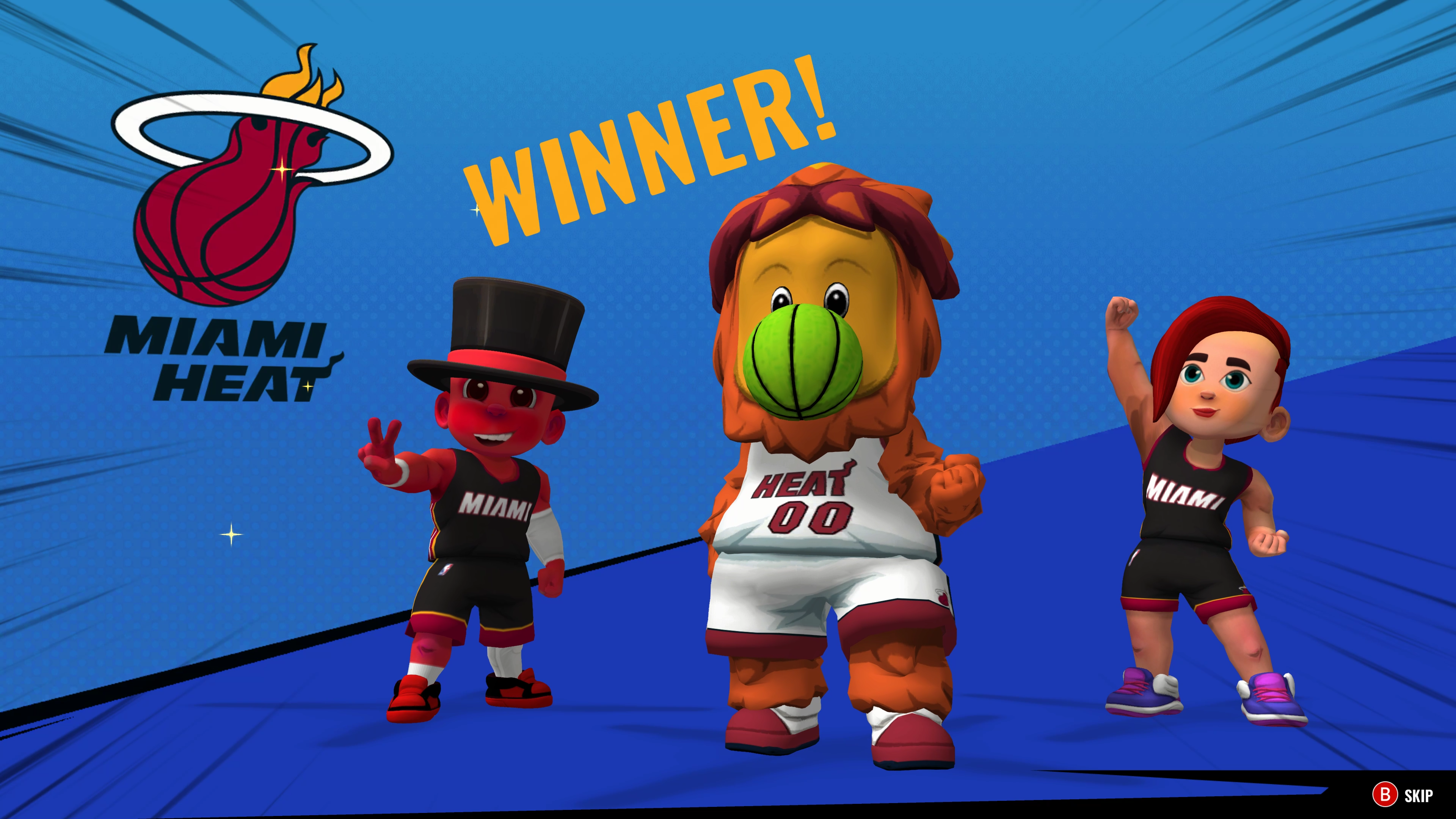 Mascotas de los Miami Heat celebrando. ¡Ganador! Texto sobre las mascotas. Logotipo de Miami Heat sobre fondo azul.