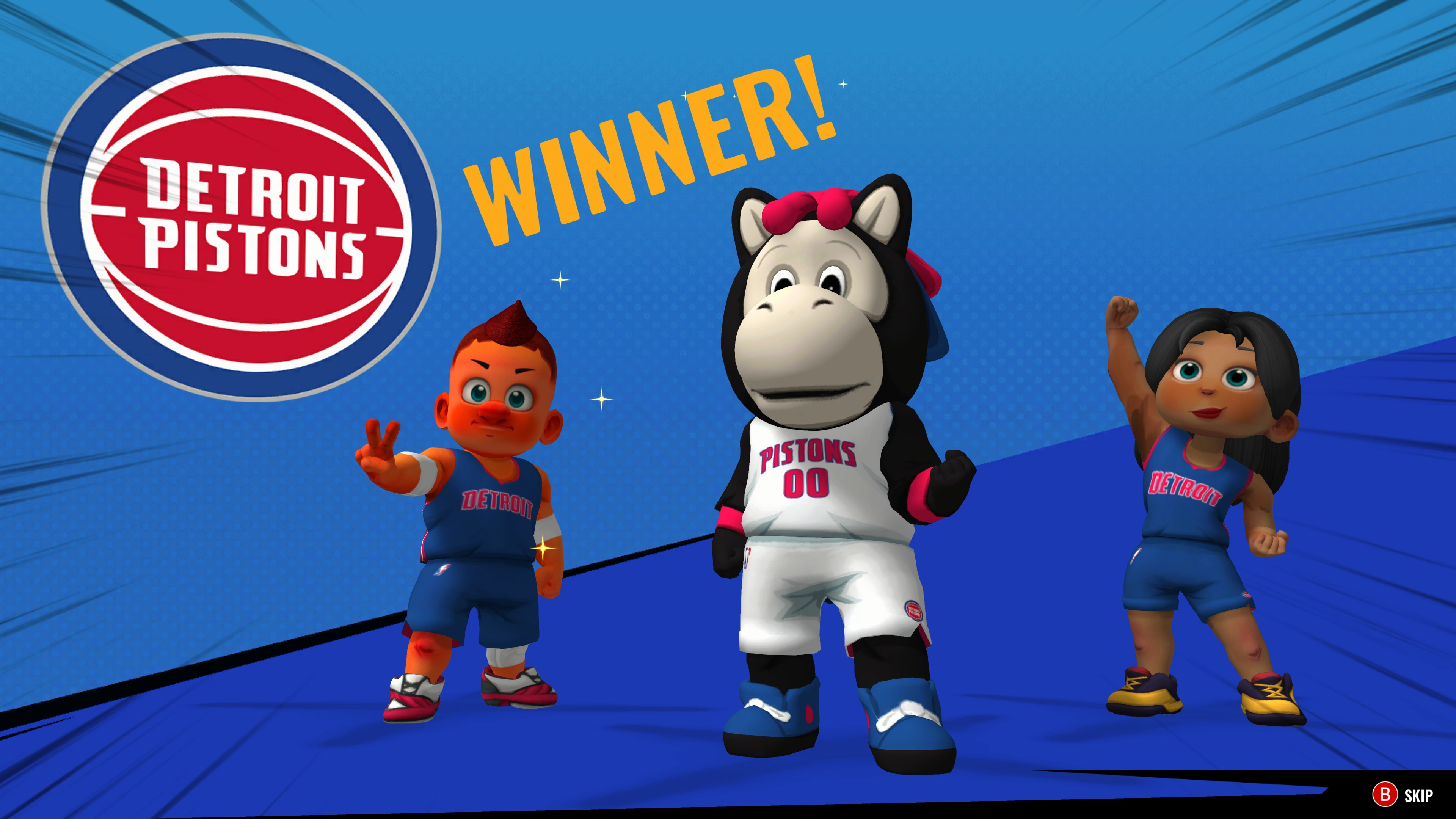 Mascotas de los Detroit Pistons celebrando. ¡Ganador! Texto sobre las mascotas. Logotipo de Detroit Pistons sobre fondo azul.