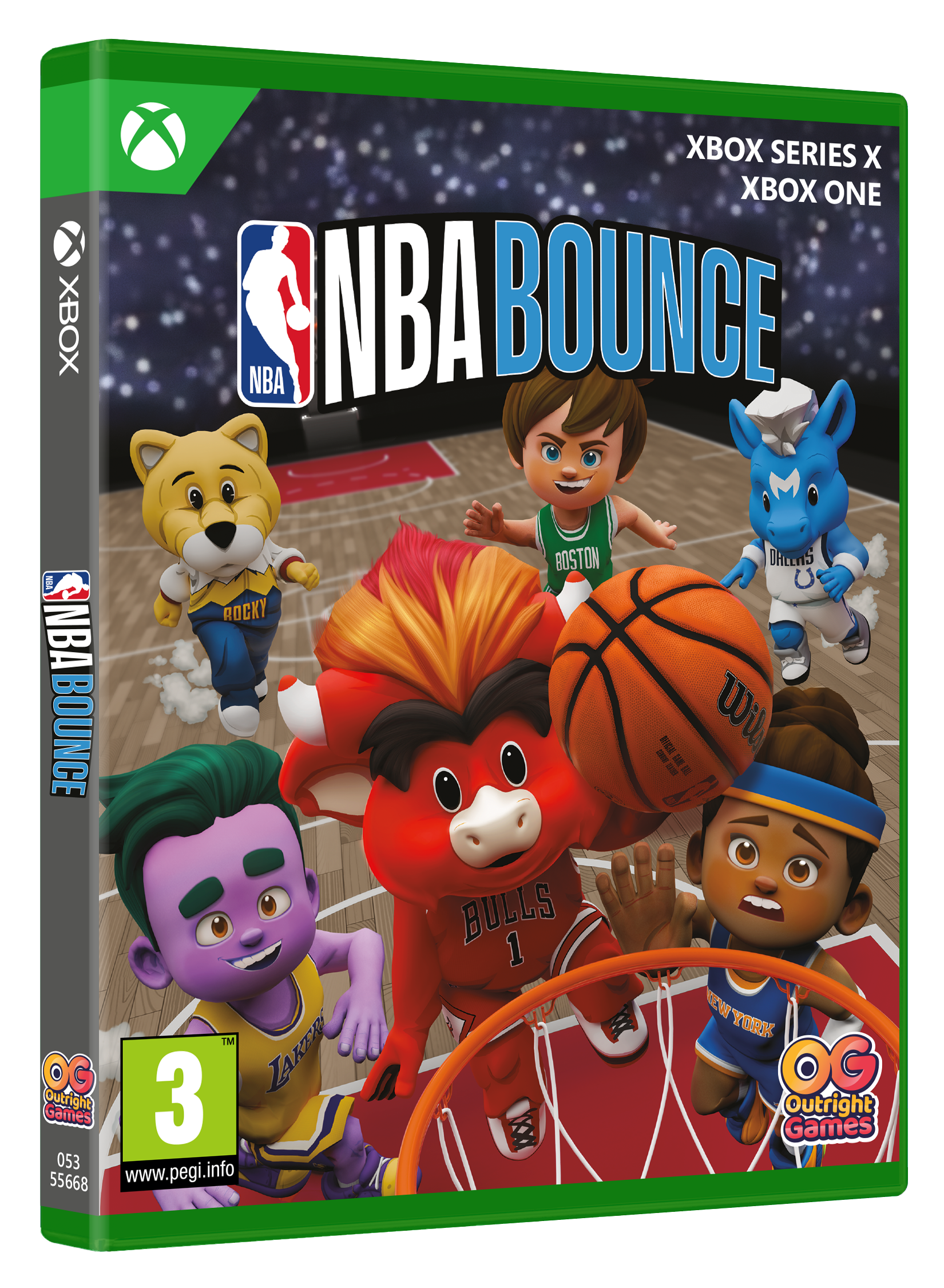 Portada del juego NBA Bounce. Múltiples mascotas alrededor de una pelota de baloncesto. Logotipo de Xbox. Logotipo de Outright Games.