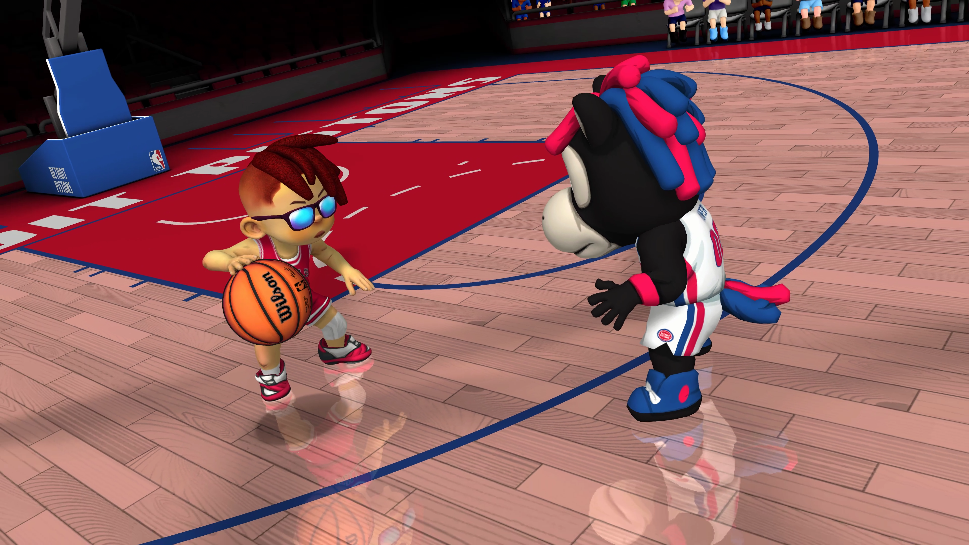 Juego de baloncesto de dibujos animados. Jugador con una pelota de baloncesto. Mascota de los Detroit Pistons. Cancha de baloncesto y multitud.