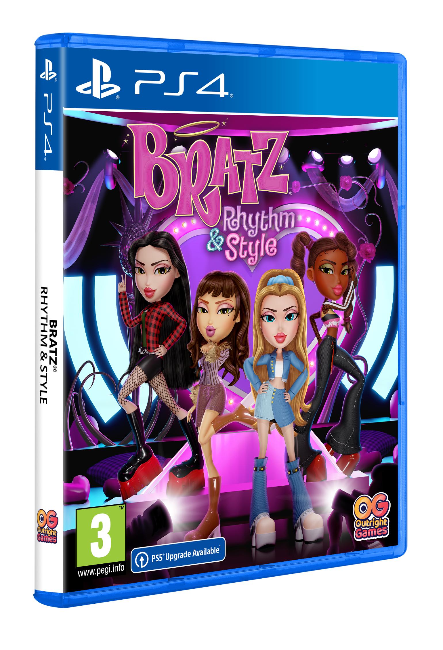 Portada del juego Bratz Rhythm & Style. Cuatro muñecas Bratz posando en un escenario. Logotipo de PS4. Logotipo de Outright Games.