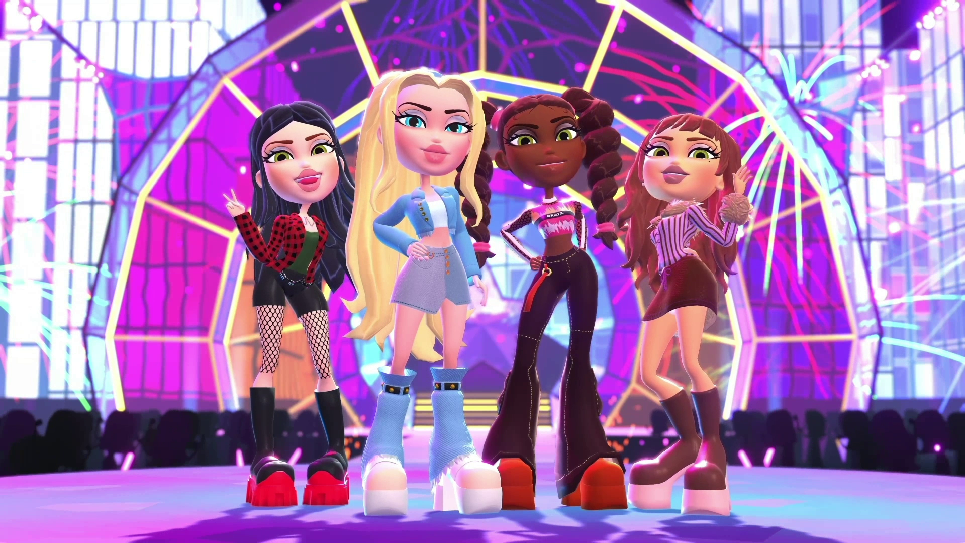 Cuatro muñecas Bratz en el escenario. El escenario tiene una pantalla grande detrás de ellas. Las luces moradas están encendidas.