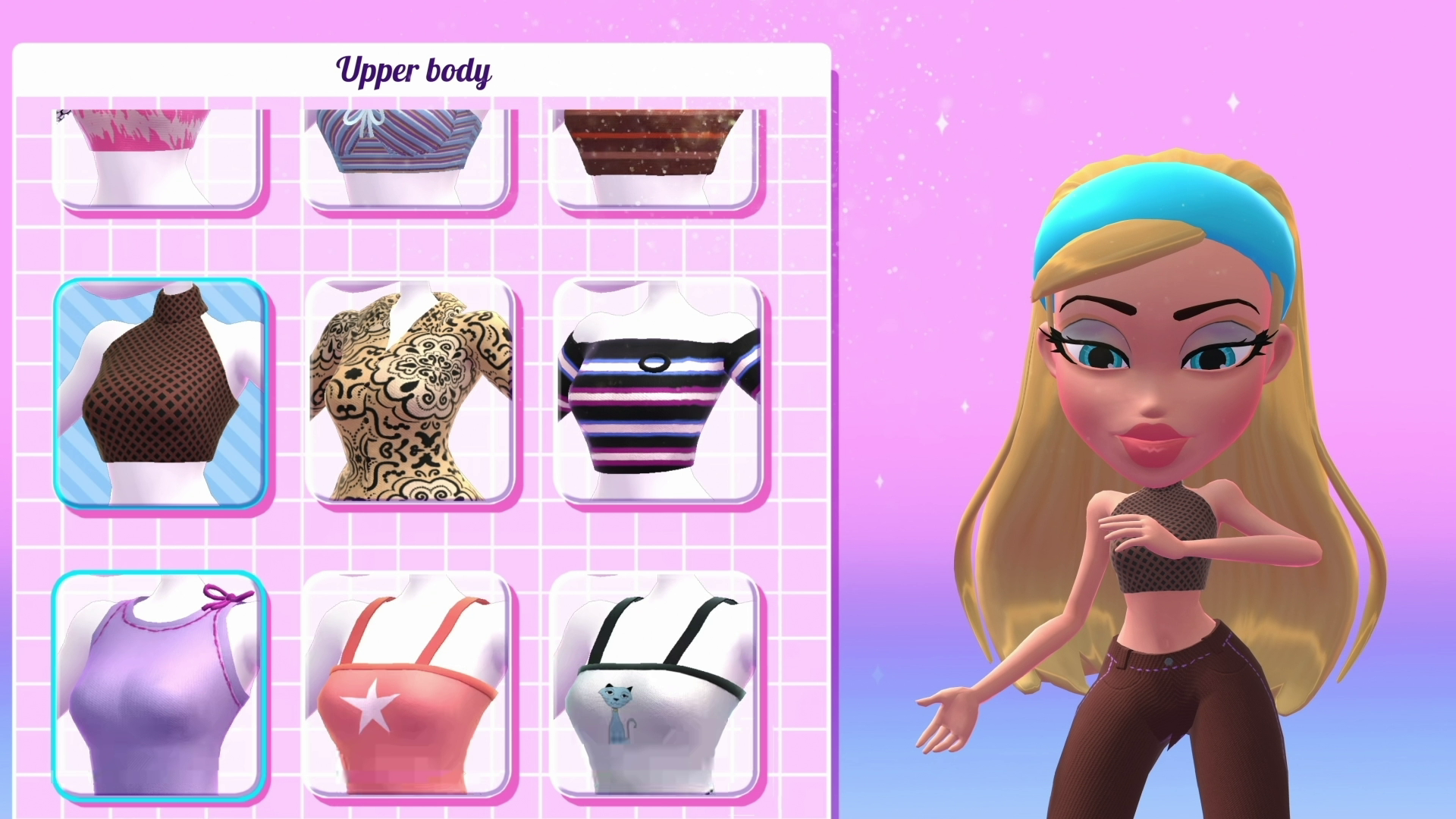 Un personaje de Bratz con cabello rubio y varias blusas. El fondo es rosa y morado.