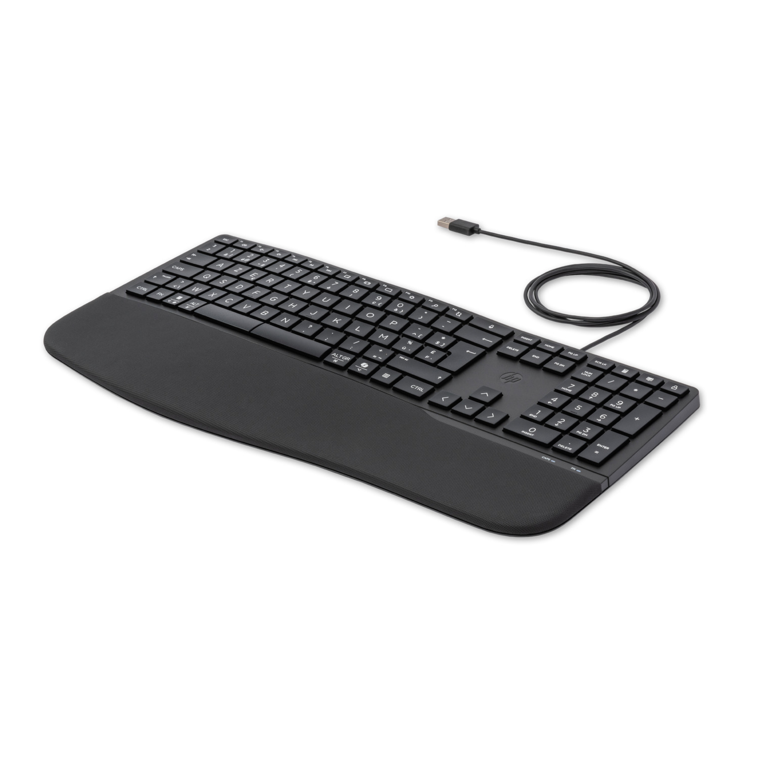 Een ergonomisch toetsenbord met polssteun en een USB-kabel, op een witte achtergrond.