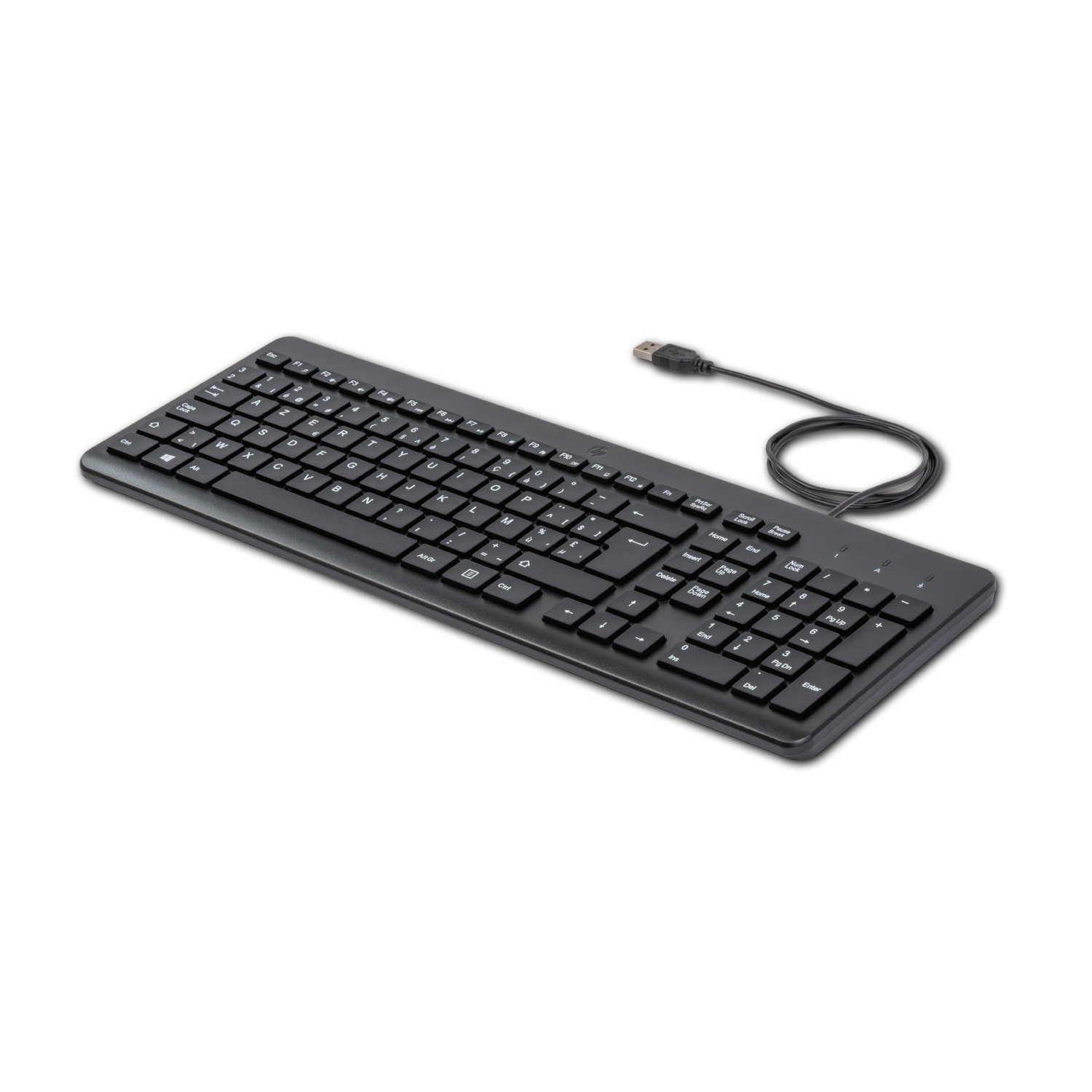 A black keyboard with a USB cable, on a white background.
