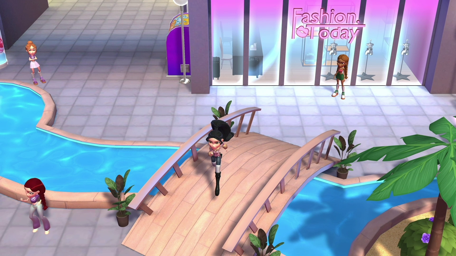 Un personaje de Bratz caminando sobre un puente en un centro comercial. También hay otras muñecas.