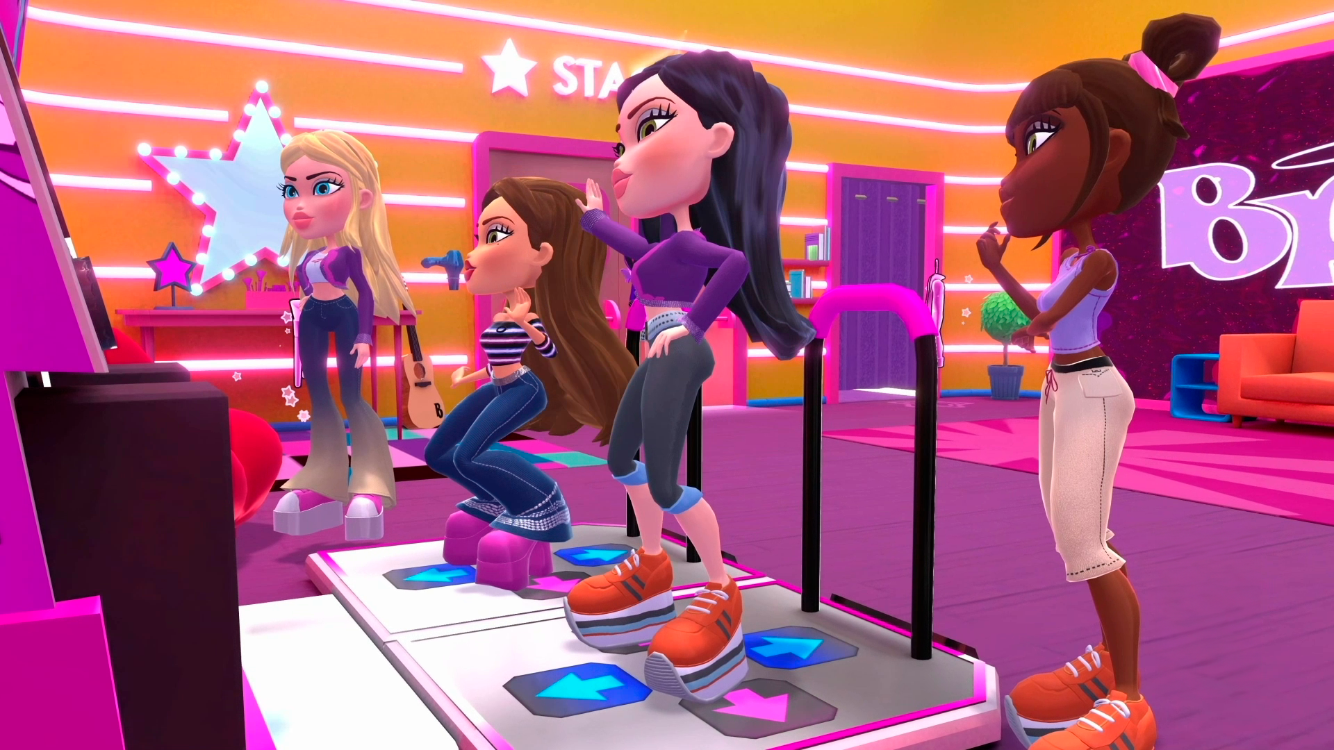 Personajes de Bratz actuando en un escenario. Cuatro muñecas Bratz y una configuración de juego de baile.