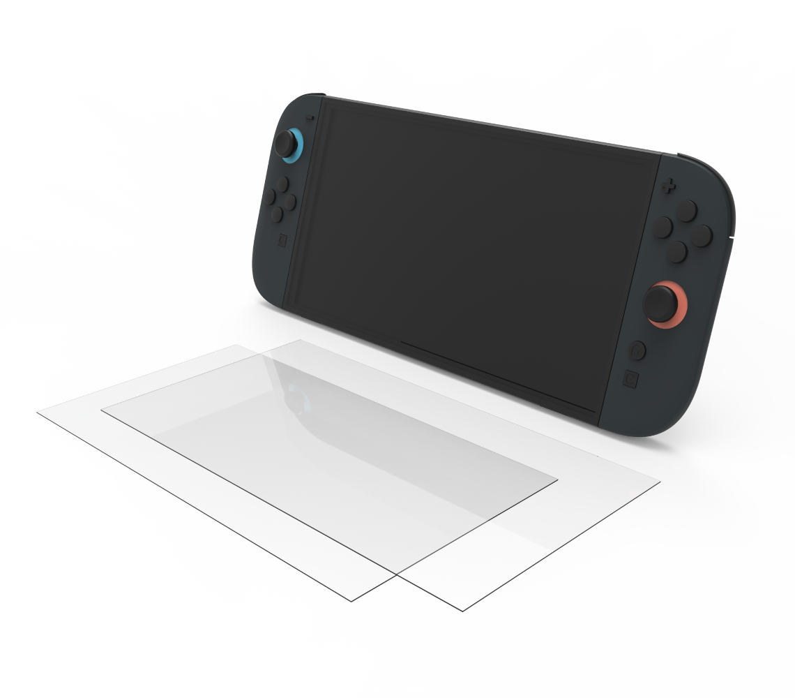 Egy szürke Nintendo Switch képernyővédőkkel fehér háttér előtt.