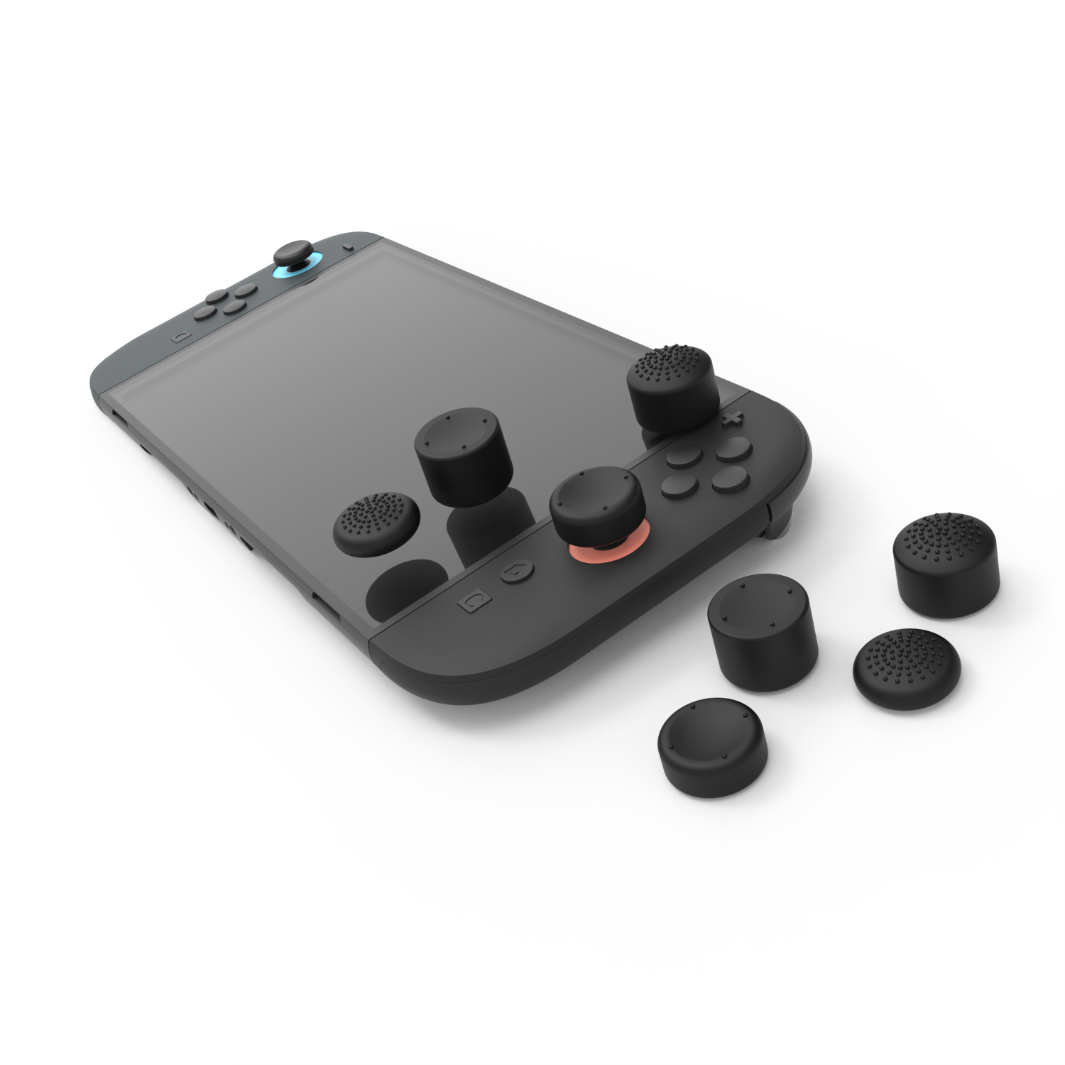Egy szürke Nintendo Switch hüvelykujjkartokkal és képernyővédőkkel fehér háttér előtt.