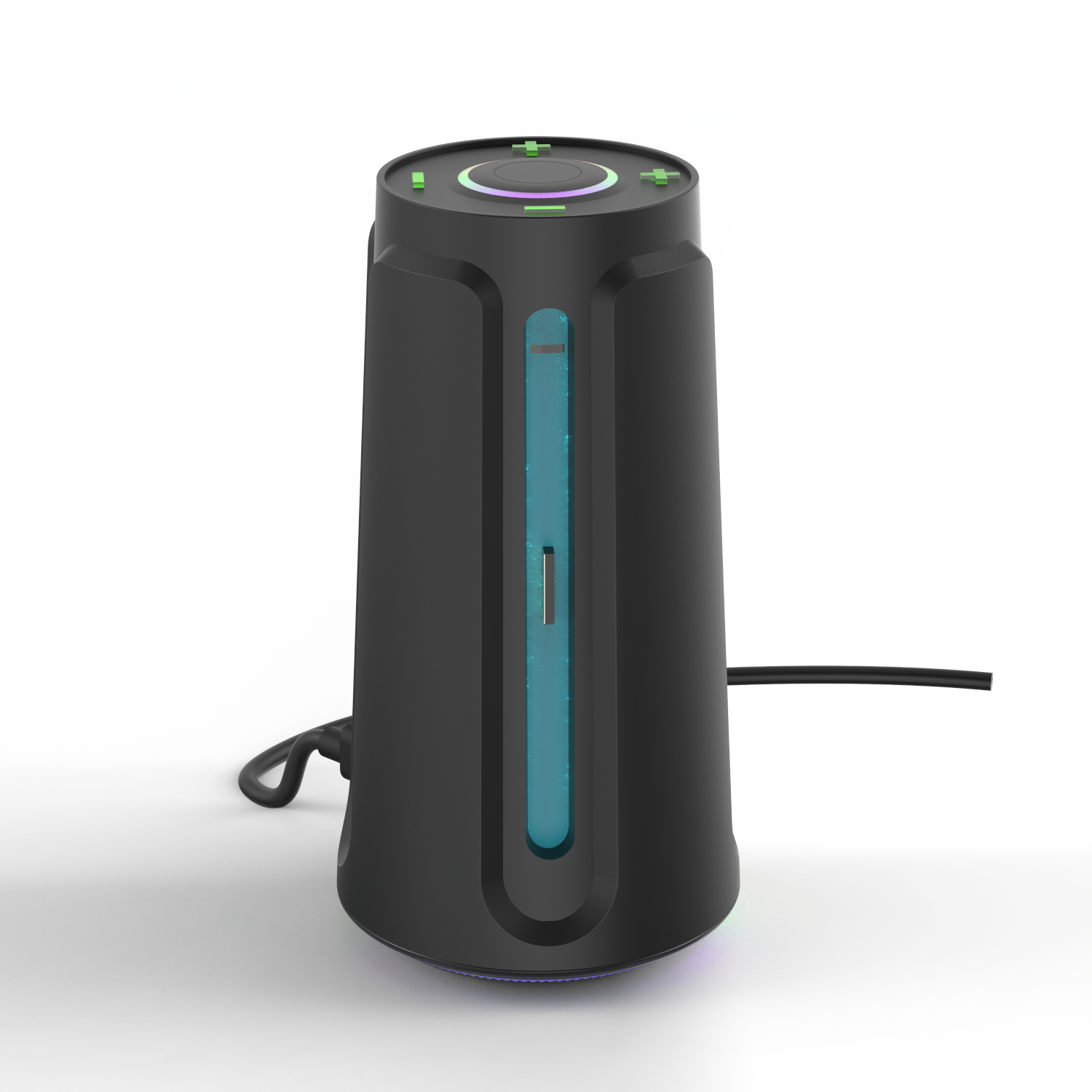 Egy fekete kontroller töltő kék fénnyel belül. Egy fekete kábel csatlakozik hozzá.