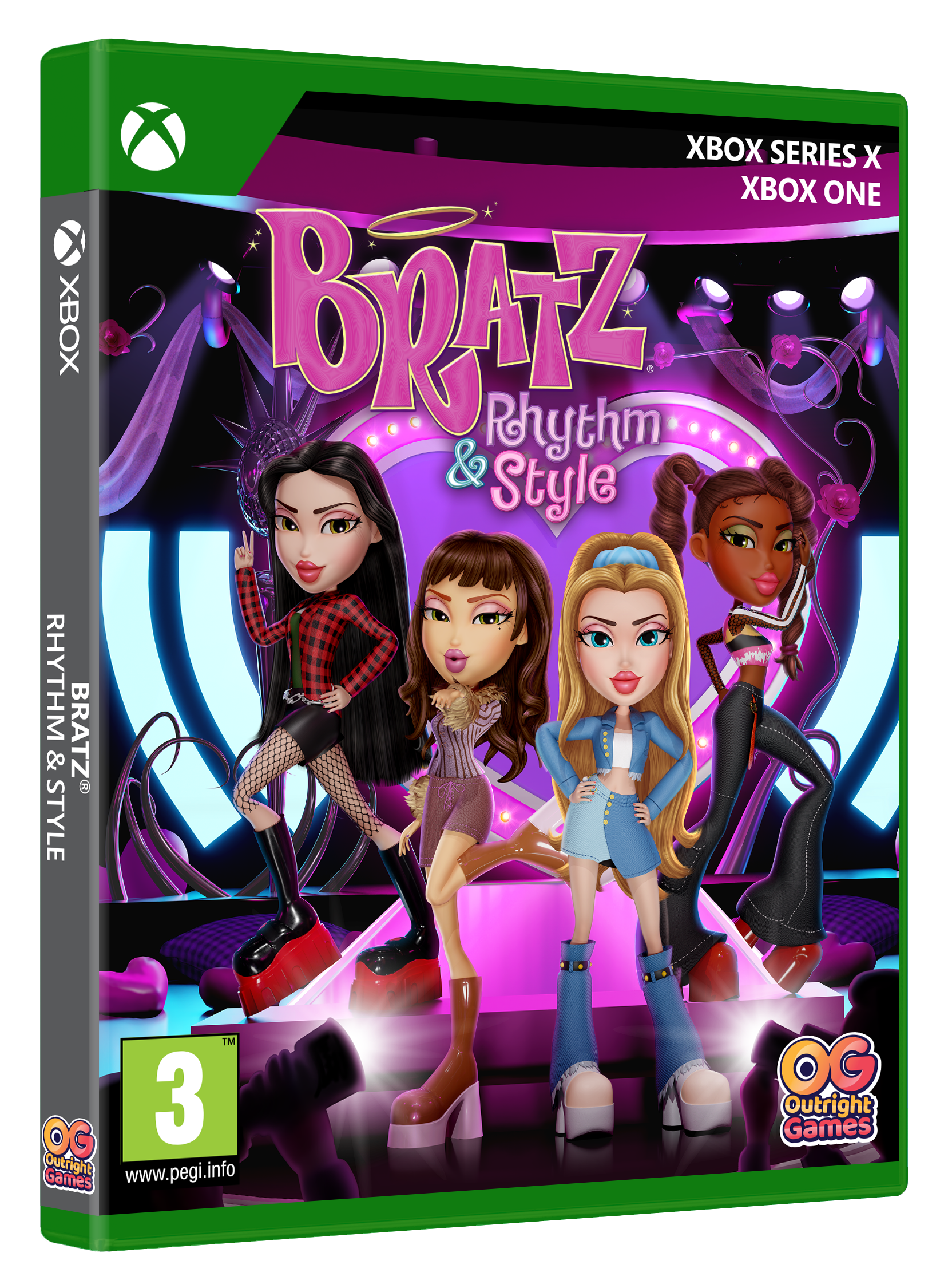 Portada del juego Bratz Rhythm & Style para Xbox. Se muestran cuatro muñecas. La portada es verde y negra.