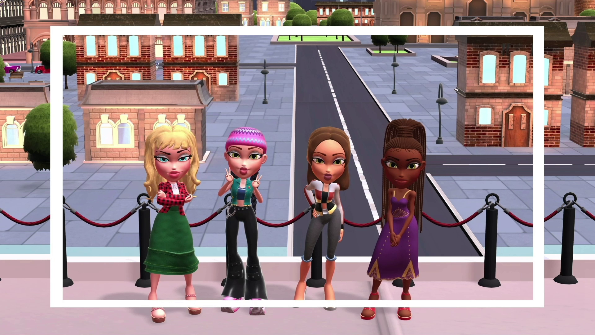 Cuatro muñecas Bratz de pie frente a un telón de fondo de la ciudad, haciendo gestos con las manos.