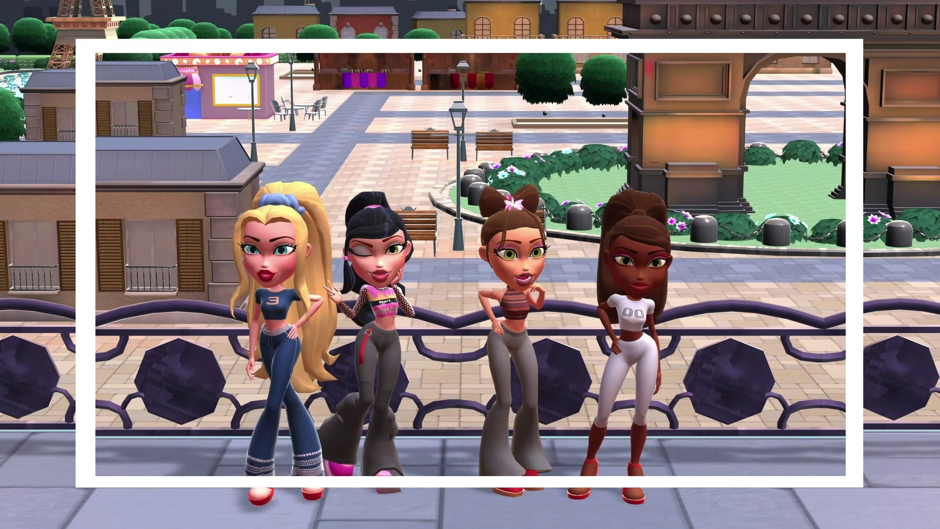 Cuatro muñecas Bratz de pie y posando frente a un fondo de ciudad con un marco blanco.