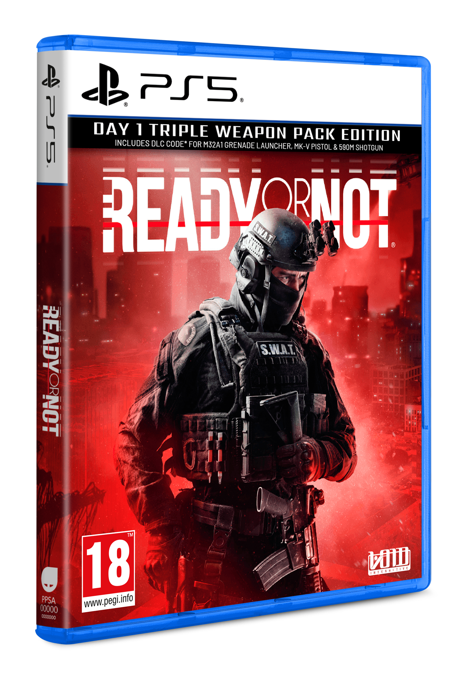 Portada del juego: 'Ready or Not' con un oficial SWAT, fondo rojo y logo de PS5.