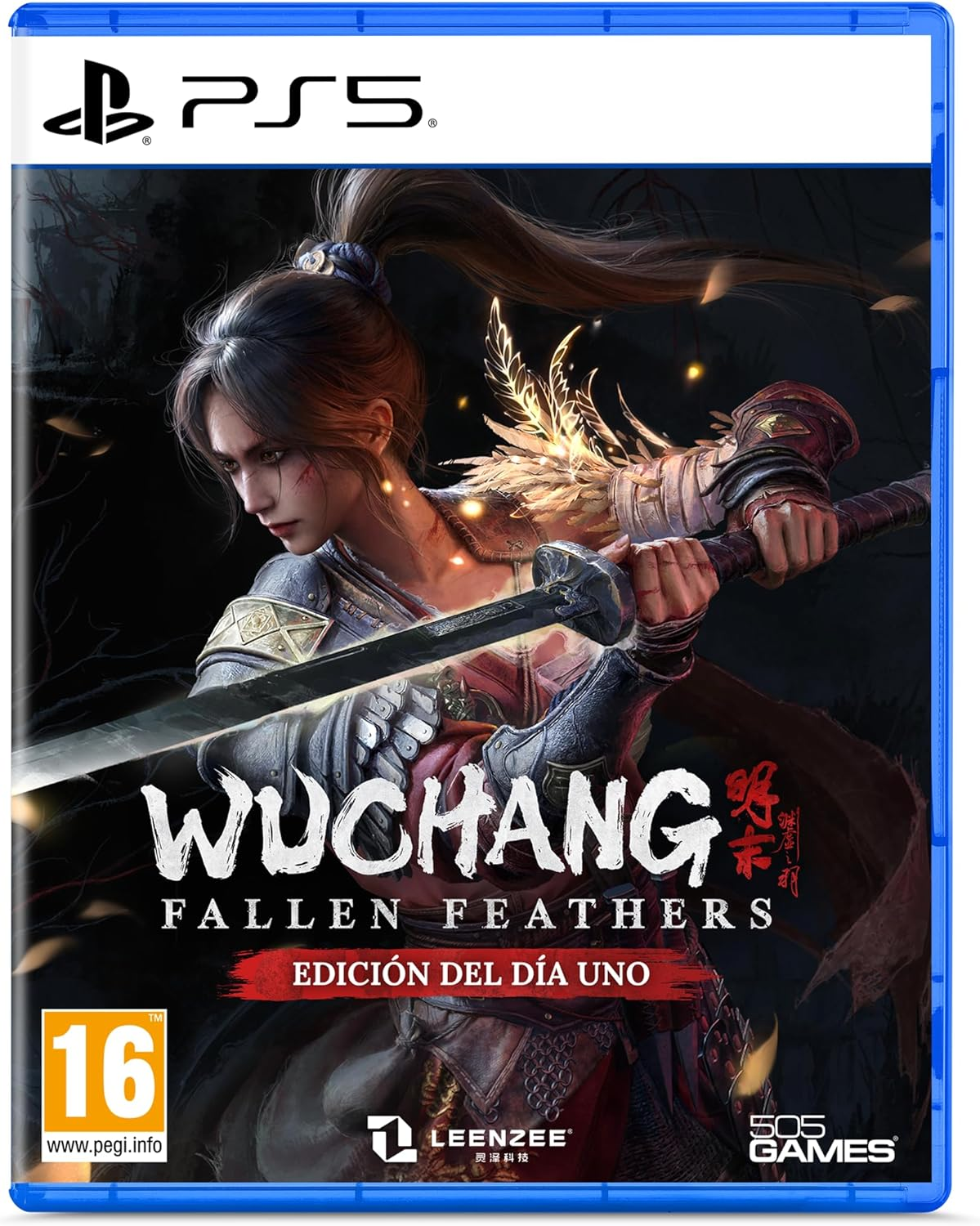 Arte de la caja del juego para 'Wuchang: Fallen Feathers'. Una guerrera femenina sostiene una espada.