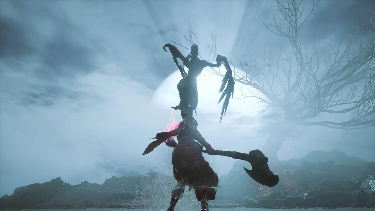 Dos figuras silueteadas se enfrentan, una con un hacha, otra con alas, contra un cielo nublado.