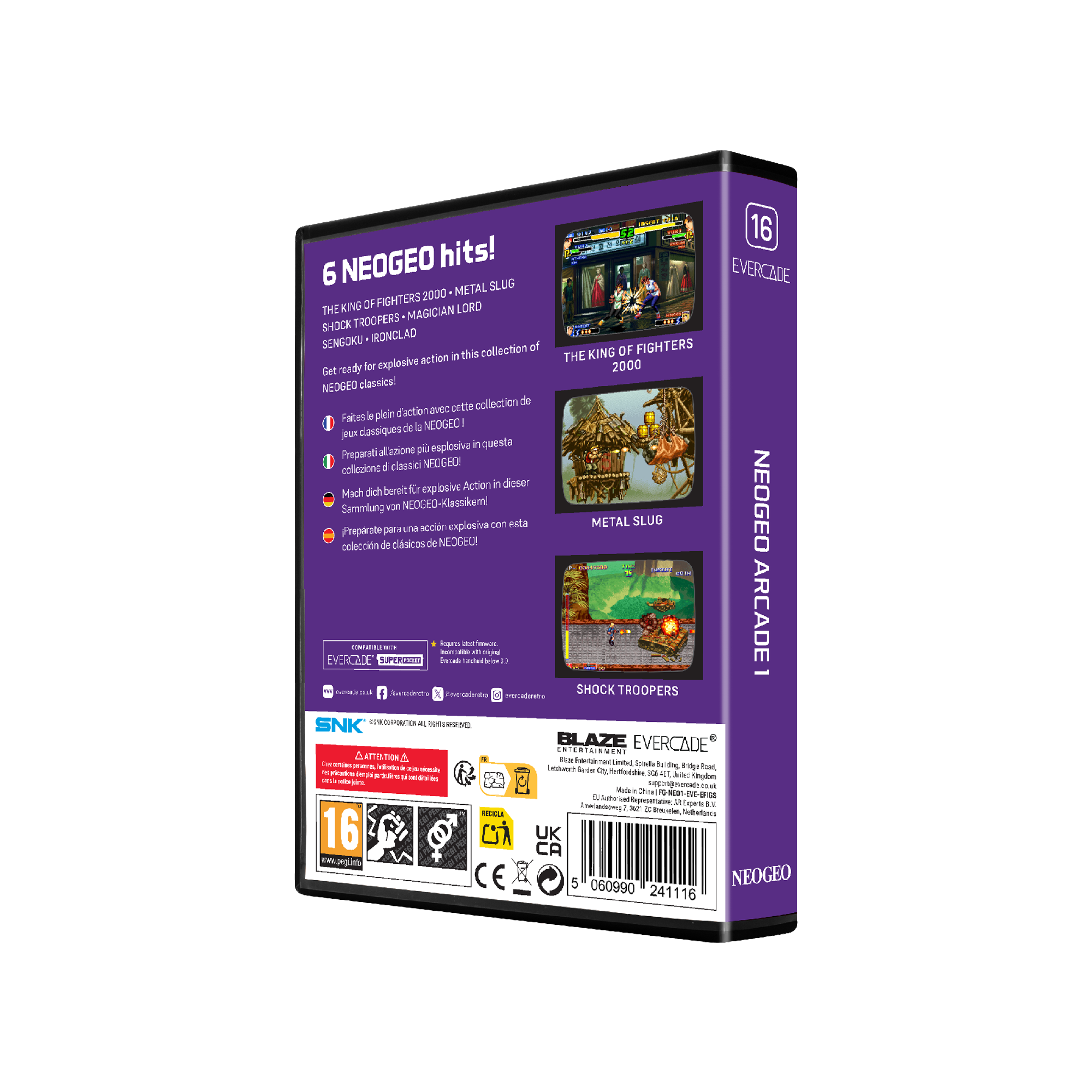 Parte trasera de la caja del juego Evercade. Muestra arte y detalles del juego. Incluye una calificación.