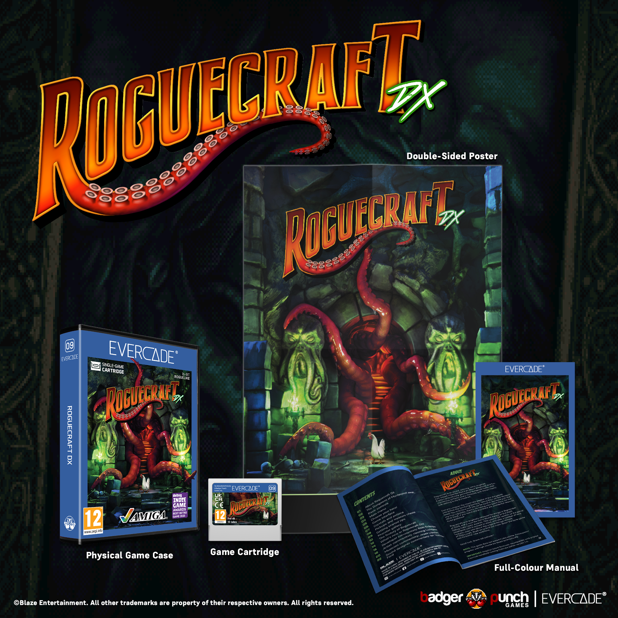 Caja de juego, cartucho y manual. La caja y el cartucho tienen un logotipo y arte del juego.
