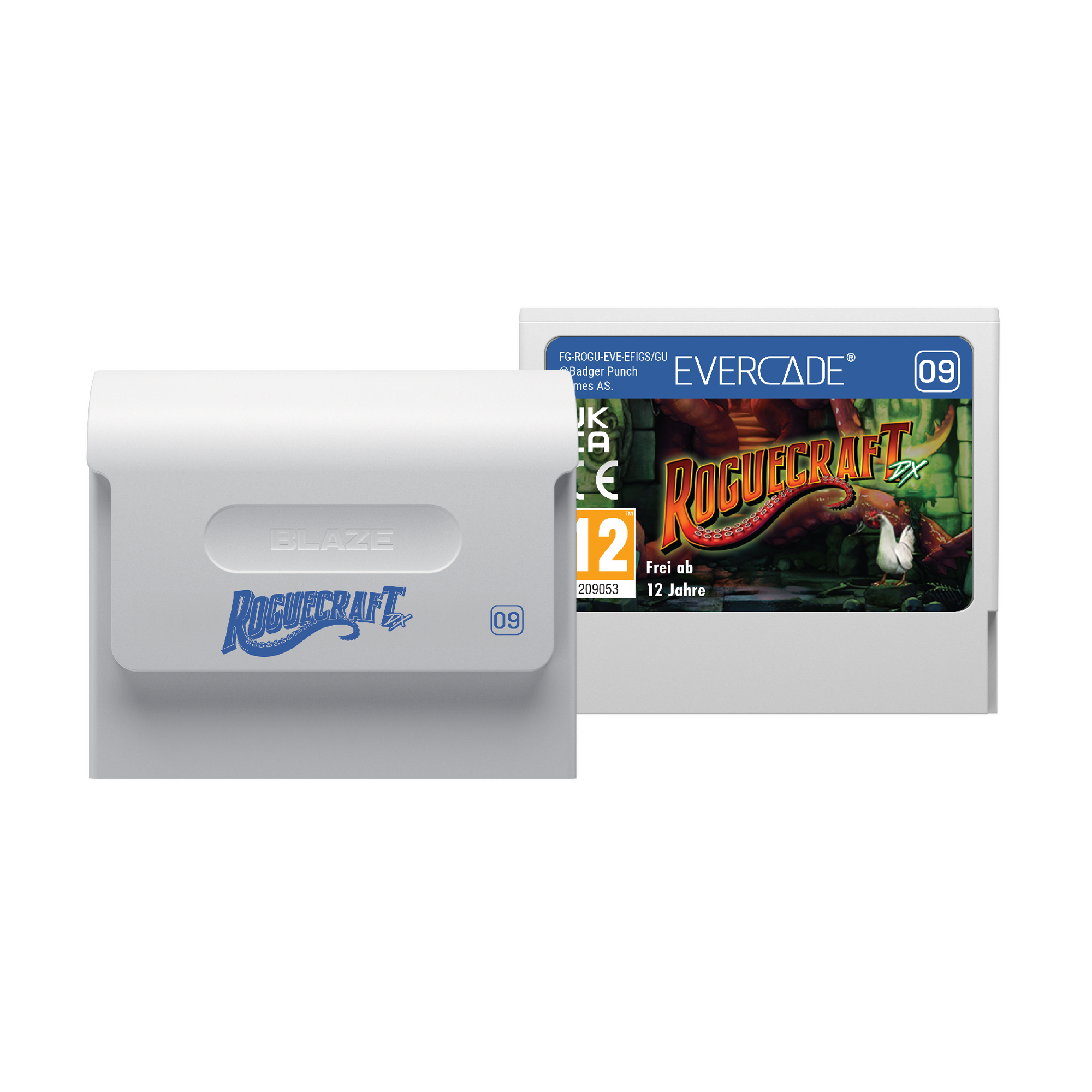 Cartucho y estuche del juego con el nombre y el logotipo del juego. El estuche es blanco.