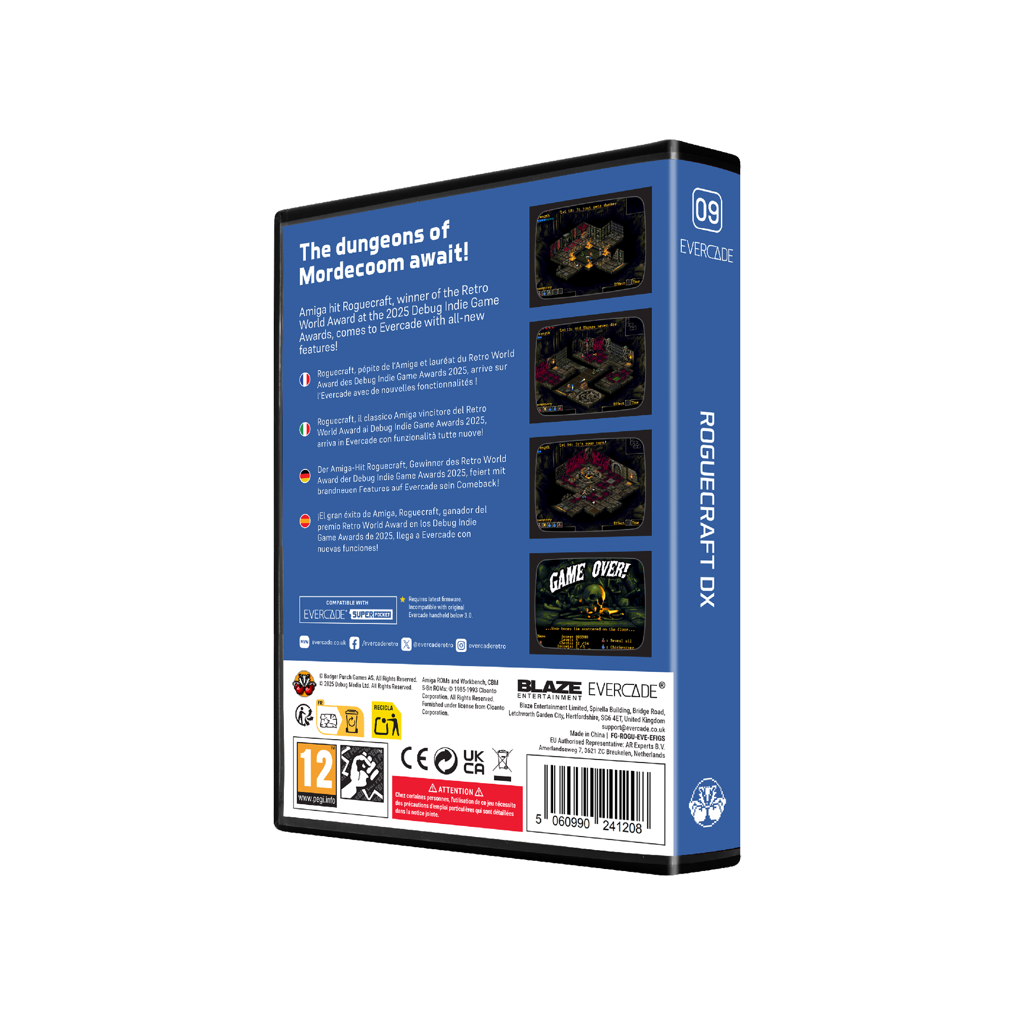 Parte trasera de la caja del juego Roguecraft DX. Muestra capturas de pantalla, logotipos y detalles del juego.