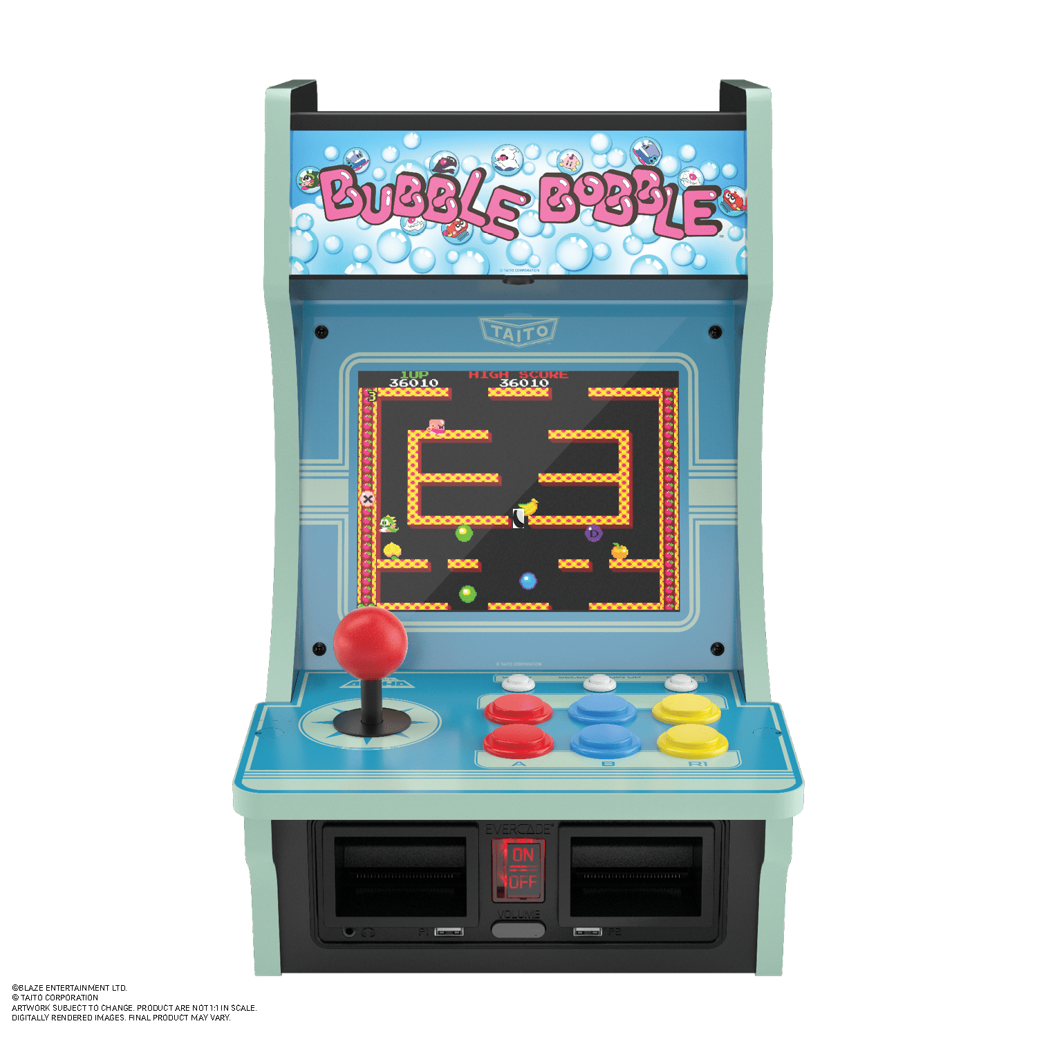 Se muestra una máquina arcade con una pantalla del juego Bubble Bobble. Tiene un joystick rojo y botones coloridos.