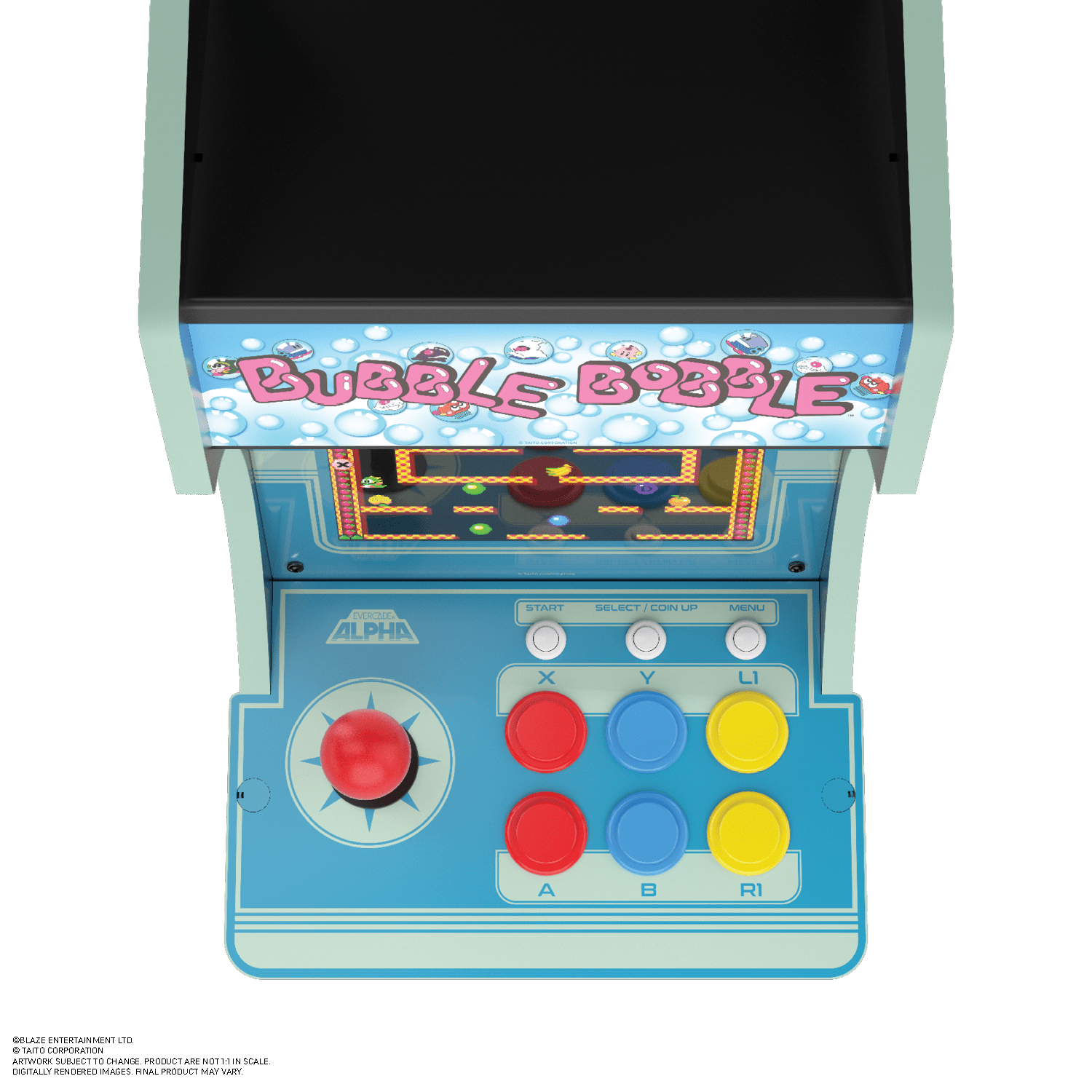 Vista superior de una máquina arcade con joystick y botones. La pantalla muestra el juego Bubble Bobble.