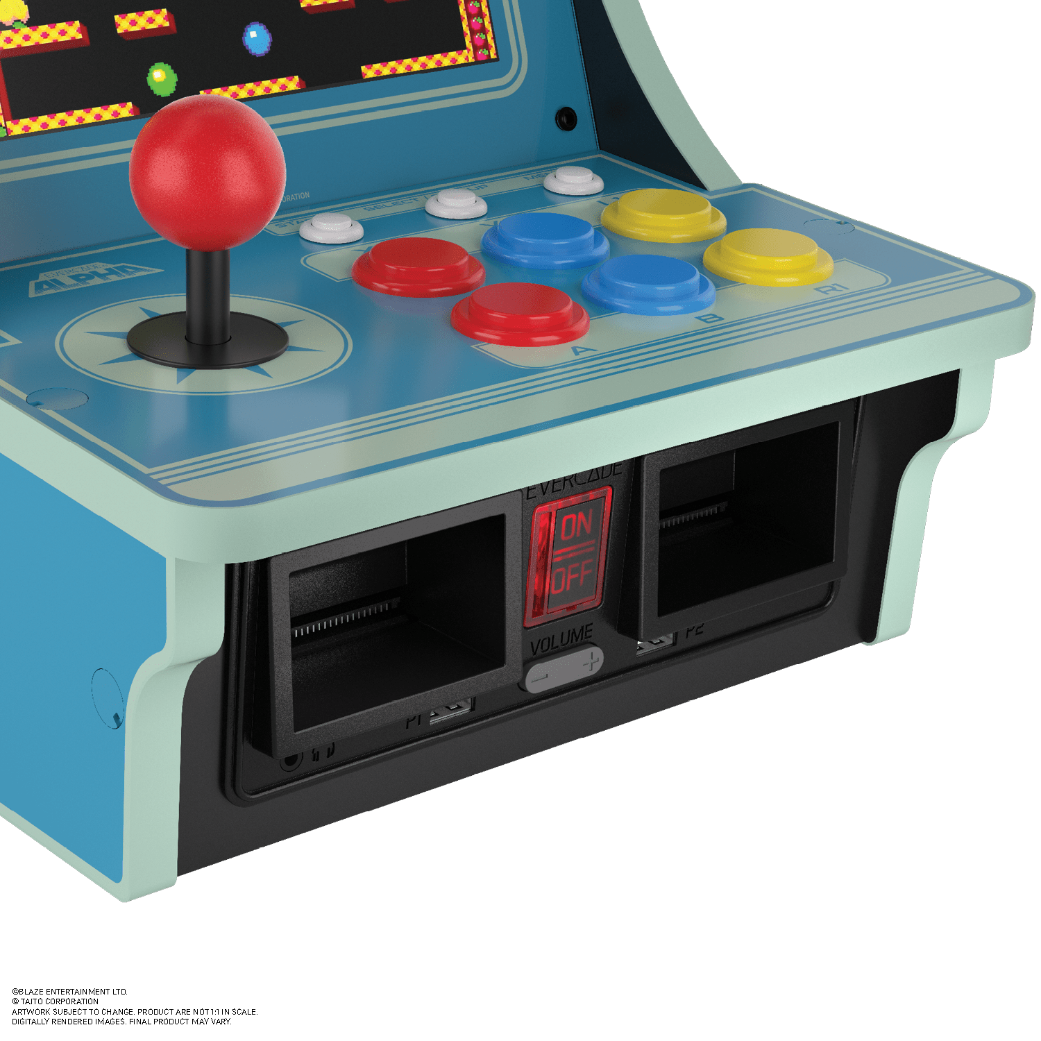 Primer plano del panel de control de una máquina arcade. Joystick rojo, botones e interruptor de encendido/apagado.