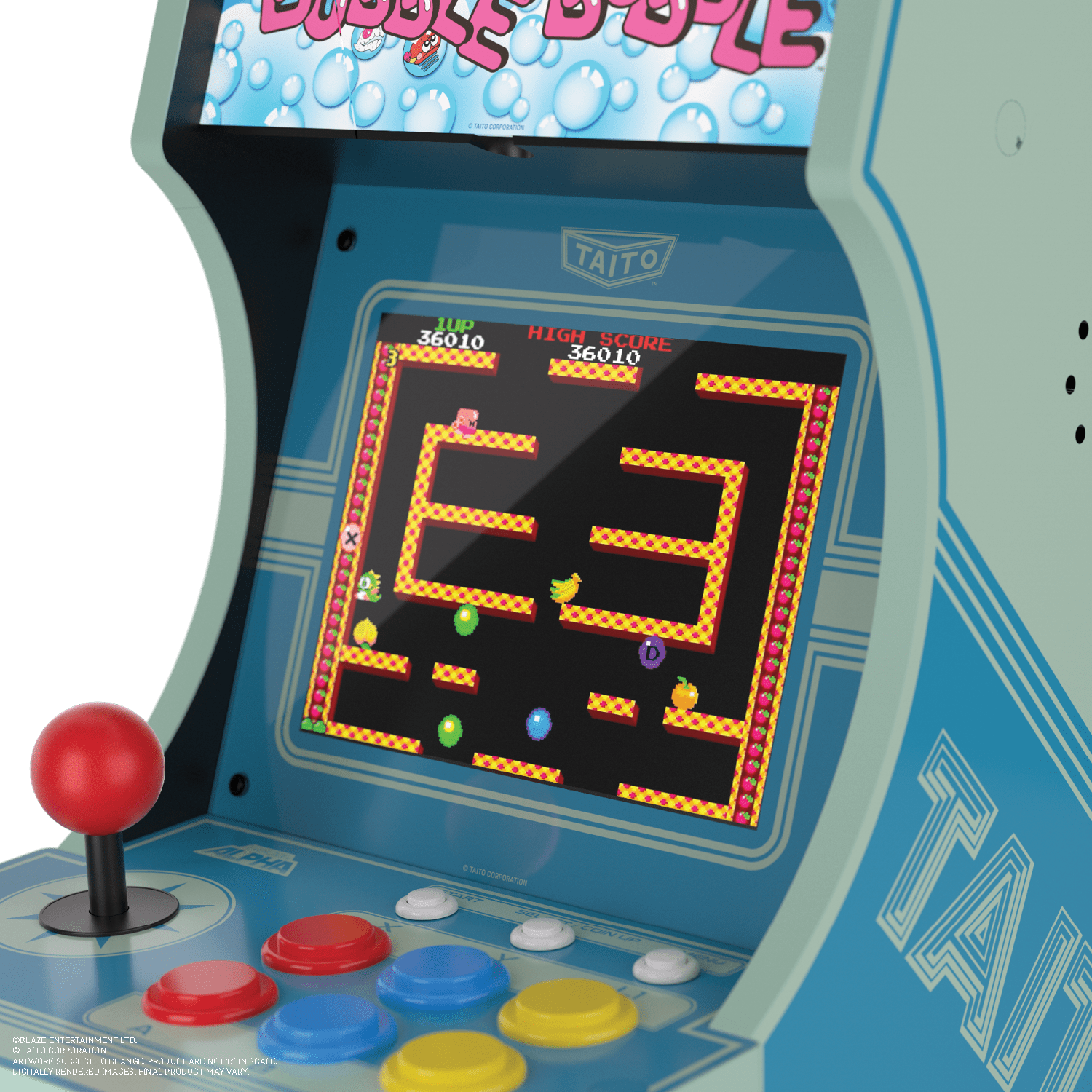 Máquina arcade mostrando el juego Bubble Bobble. Joystick rojo, botones coloridos y pantalla del juego visibles.
