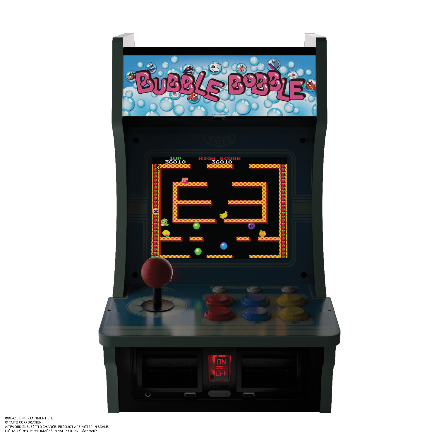 Máquina arcade con un juego Bubble Bobble. La pantalla muestra el juego y la máquina tiene un joystick rojo.