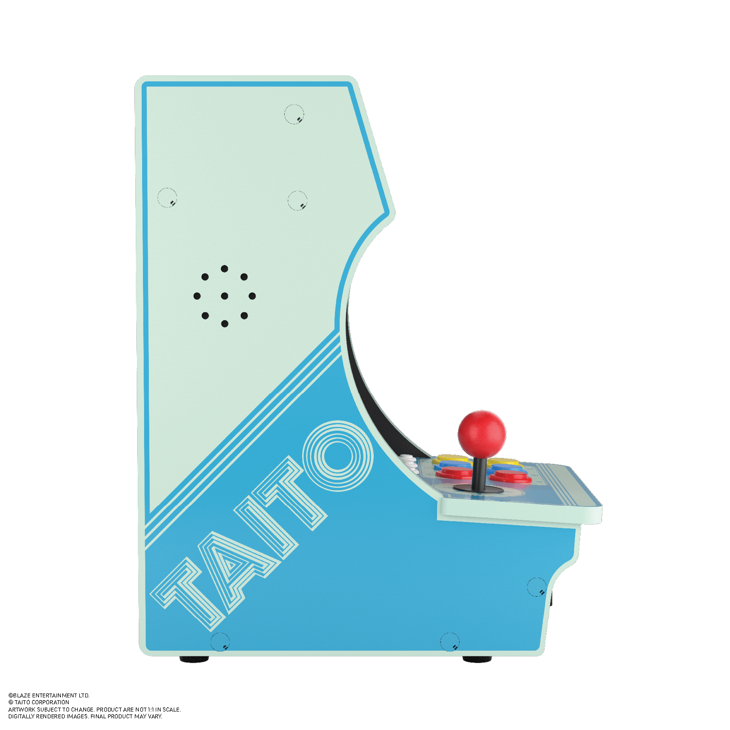 Vista lateral de una máquina arcade. La máquina tiene un diseño azul y blanco con la palabra TAITO en el lateral.
