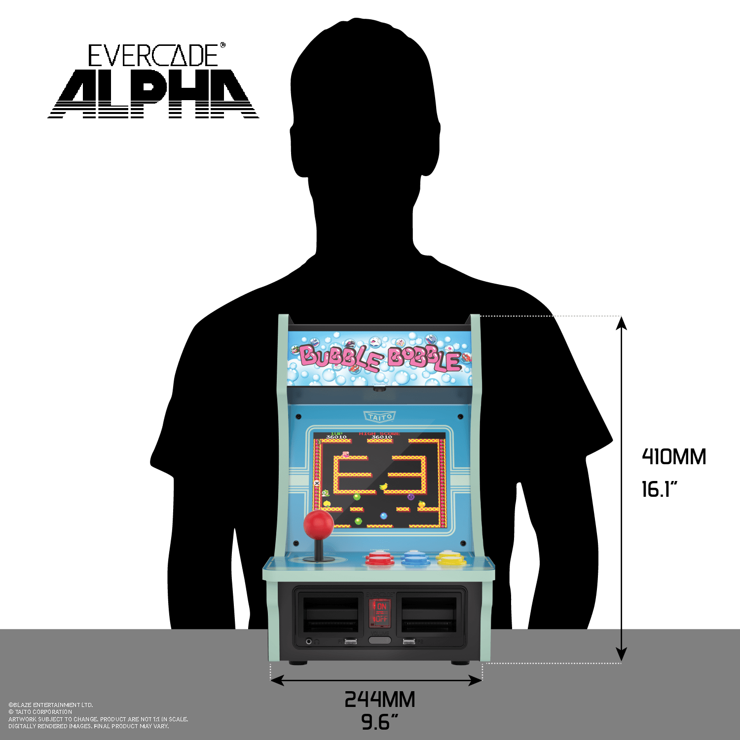 Vista frontal de una máquina arcade de Bubble Bobble. Las dimensiones son 244 mm y 9,6 pulgadas de ancho.
