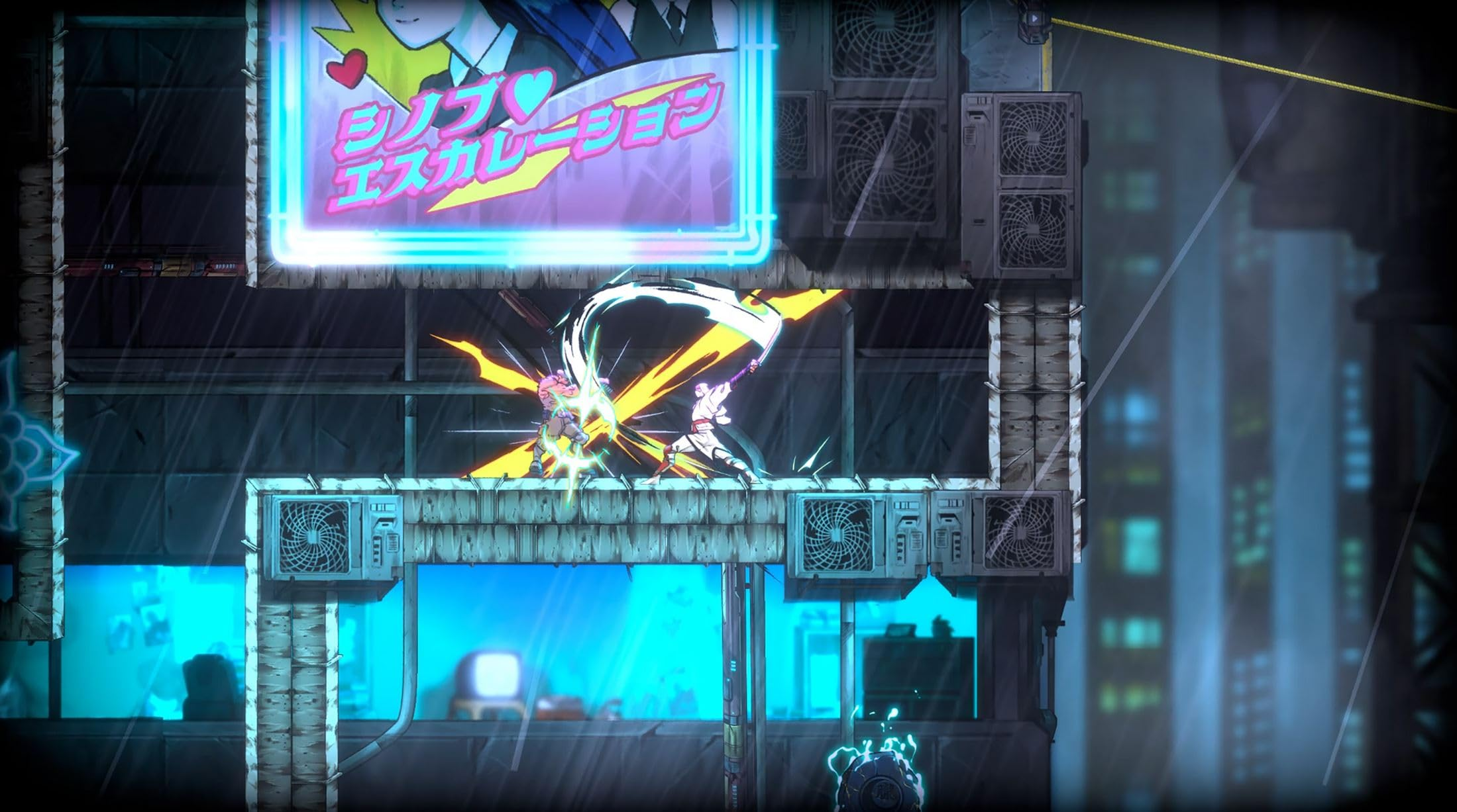 Una escena de juego futurista. Dos personajes luchan en un entorno urbano empapado de lluvia y con luces de neón.
