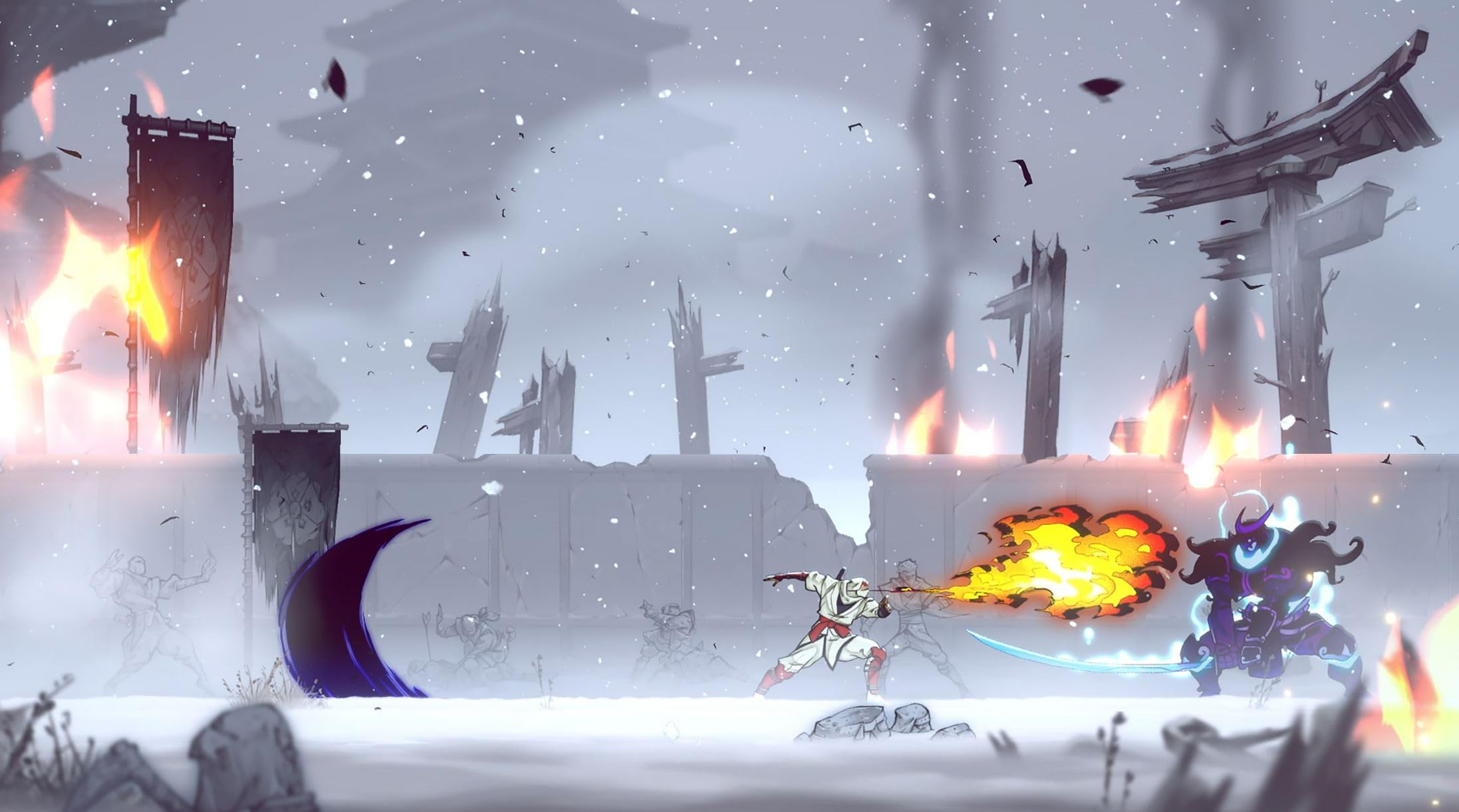 Una escena de juego en un paisaje nevado. Dos personajes luchan, con fuego y un templo en el fondo.