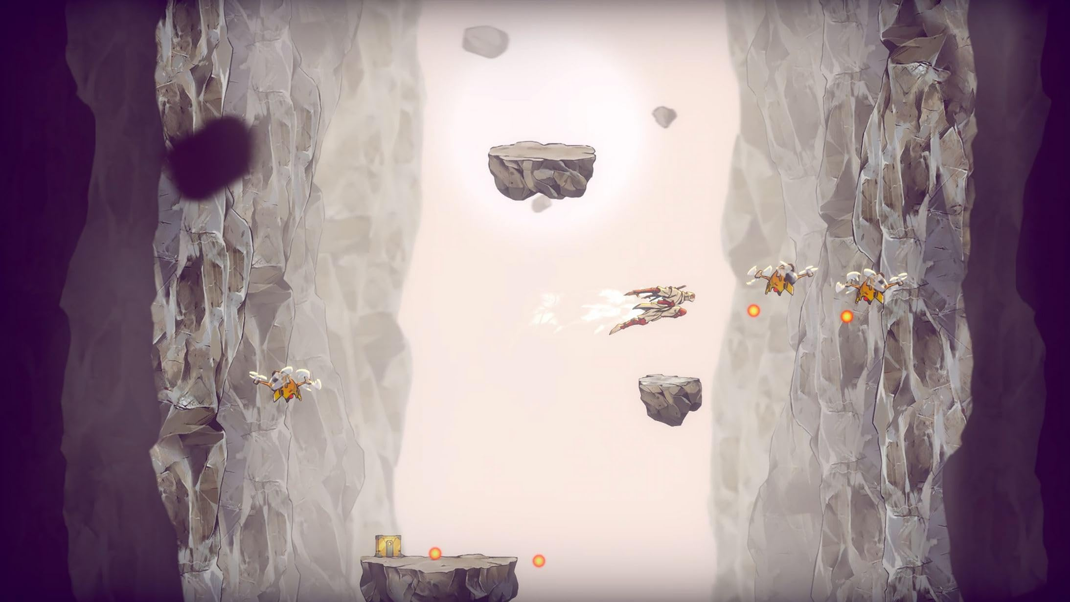 Una escena de juego de temática espacial en un cañón. Una nave espacial vuela por el cañón mientras naves enemigas disparan.