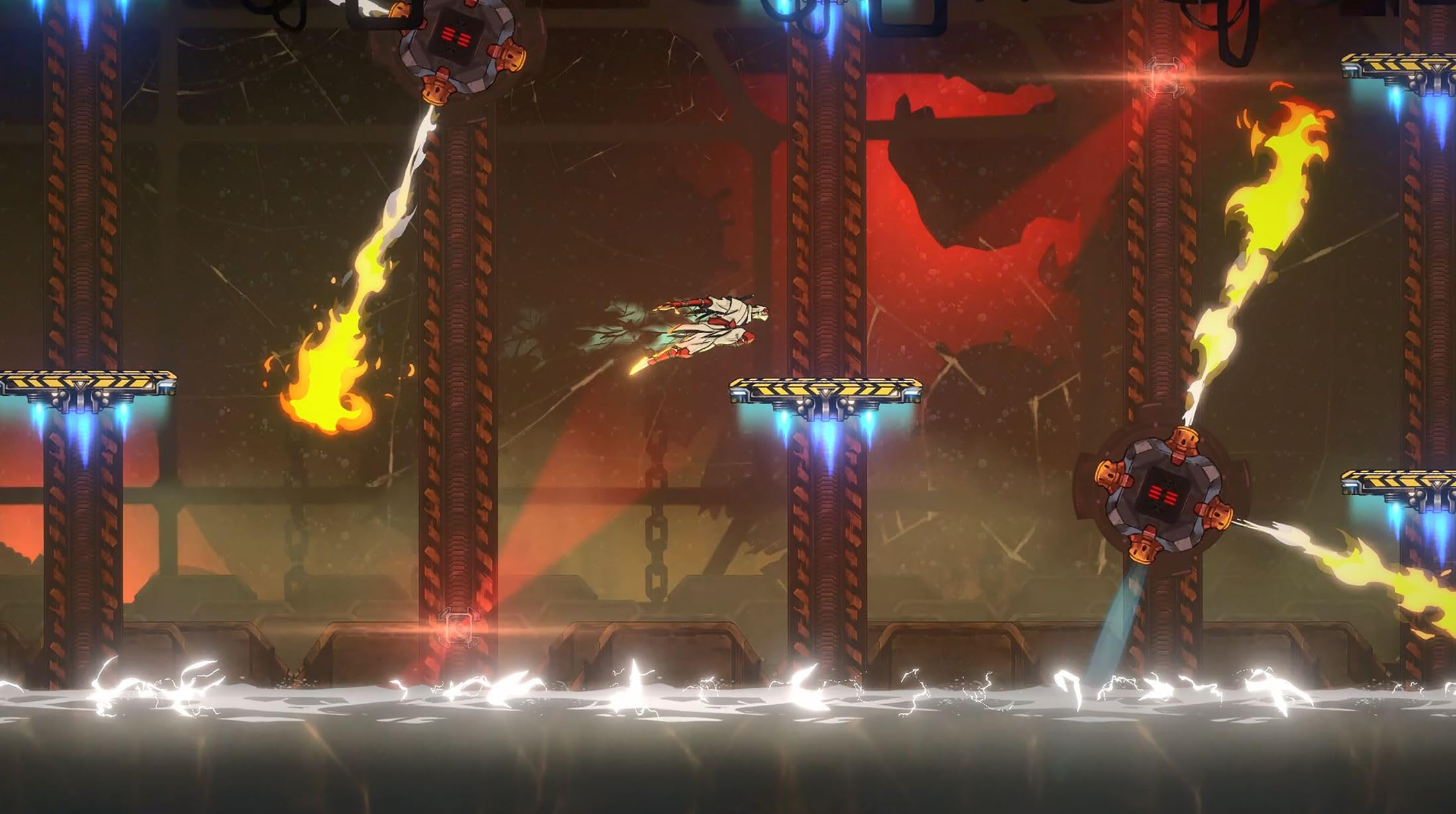 Una escena de juego futurista. Una nave espacial vuela por un corredor de metal, esquivando fuego y peligros eléctricos.