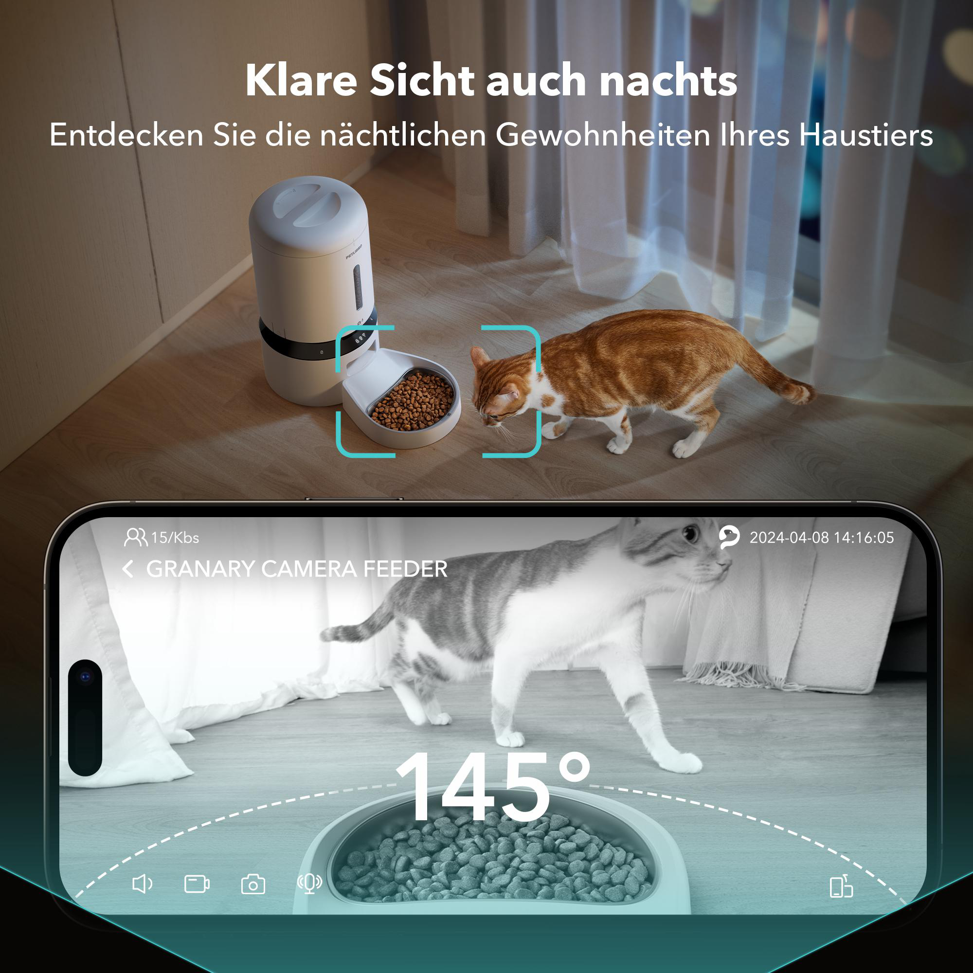 Eine Katze, die aus einer Schüssel isst, auf einem Telefonbildschirm betrachtet. Ein Futterautomat ist im Hintergrund.