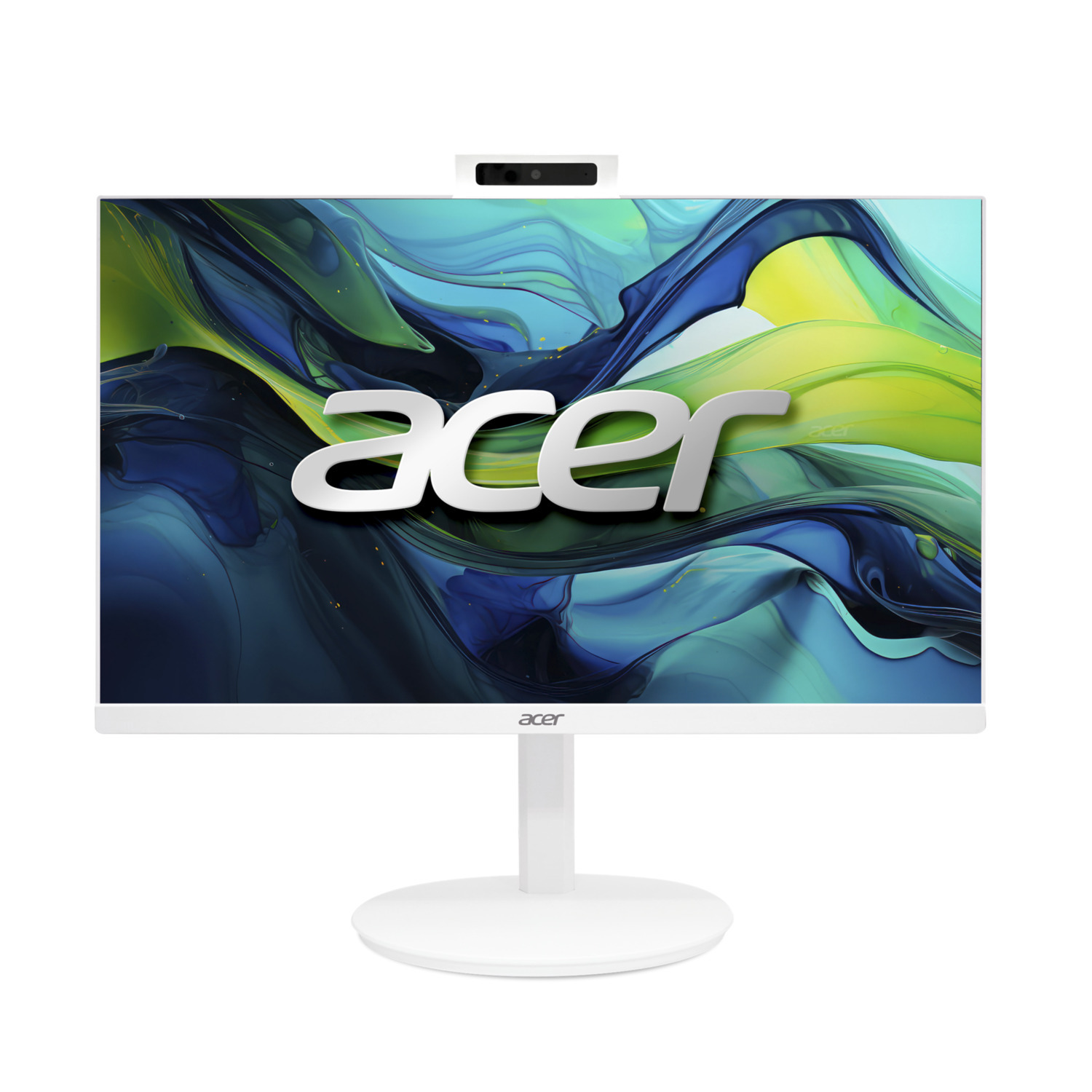 White Acer all-in-one computer with a display showing a colorful image, with the Acer logo at the bottom.