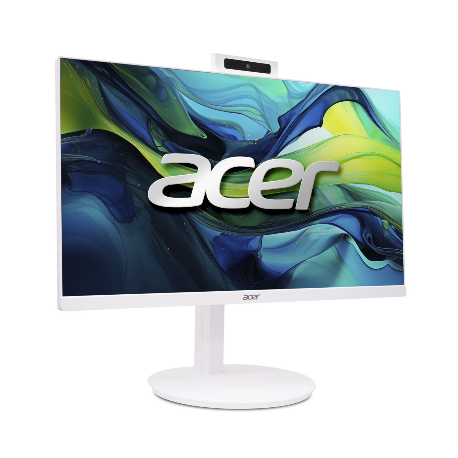 White Acer all-in-one computer with a display showing a colorful image, with the Acer logo at the bottom.