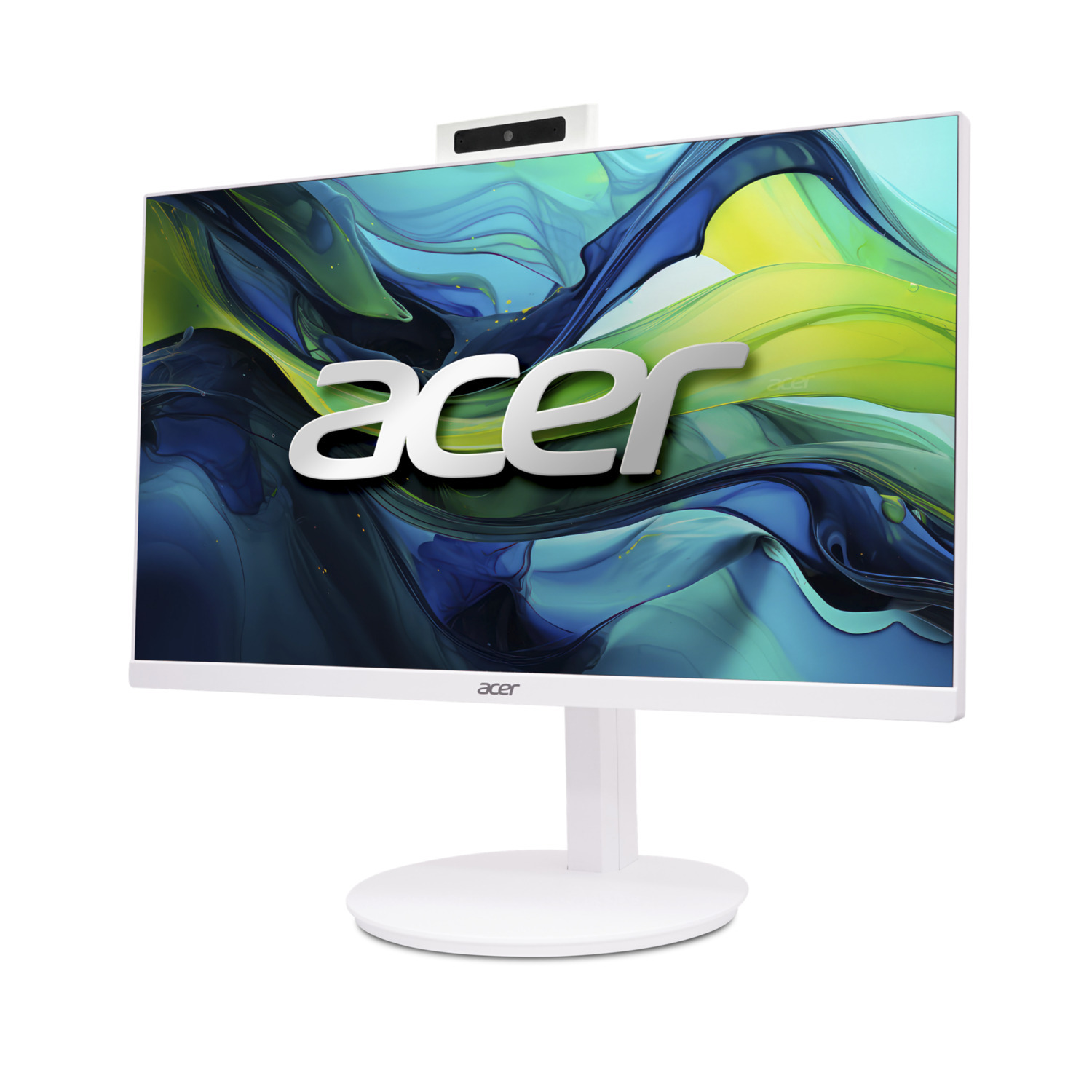 White Acer all-in-one computer with a display showing a colorful image, with the Acer logo at the bottom.