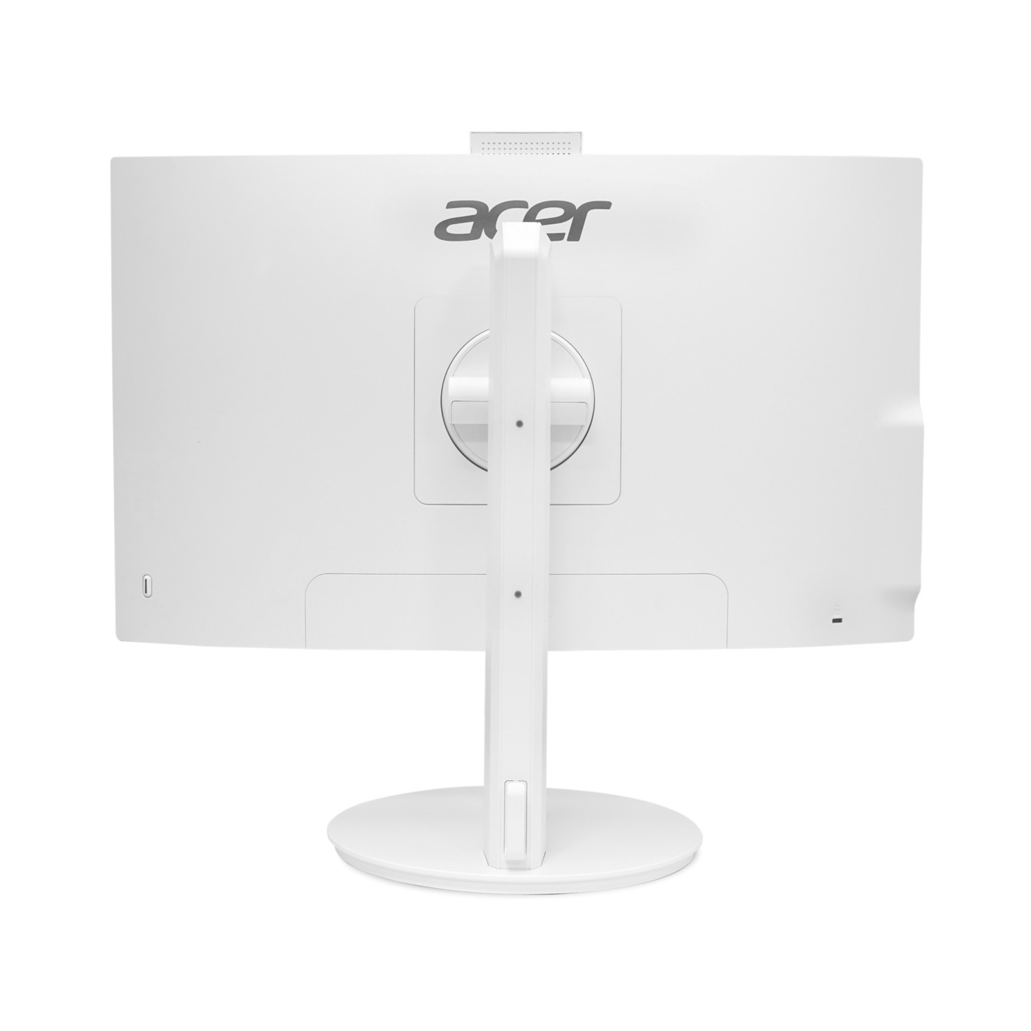 White Acer all-in-one computer, back view. The stand and the Acer logo are visible.