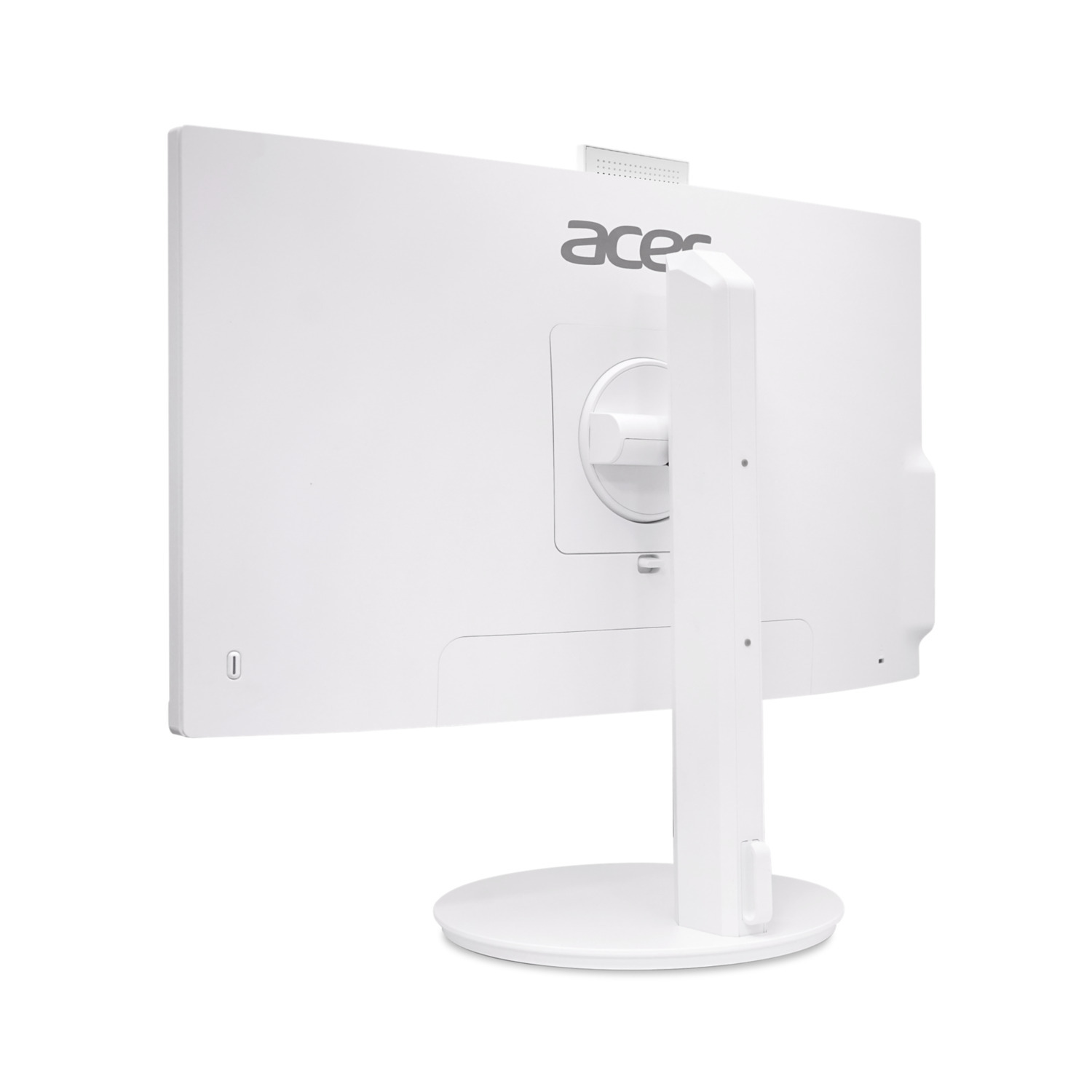 White Acer all-in-one computer back view. The stand, ports, and Acer logo are visible.