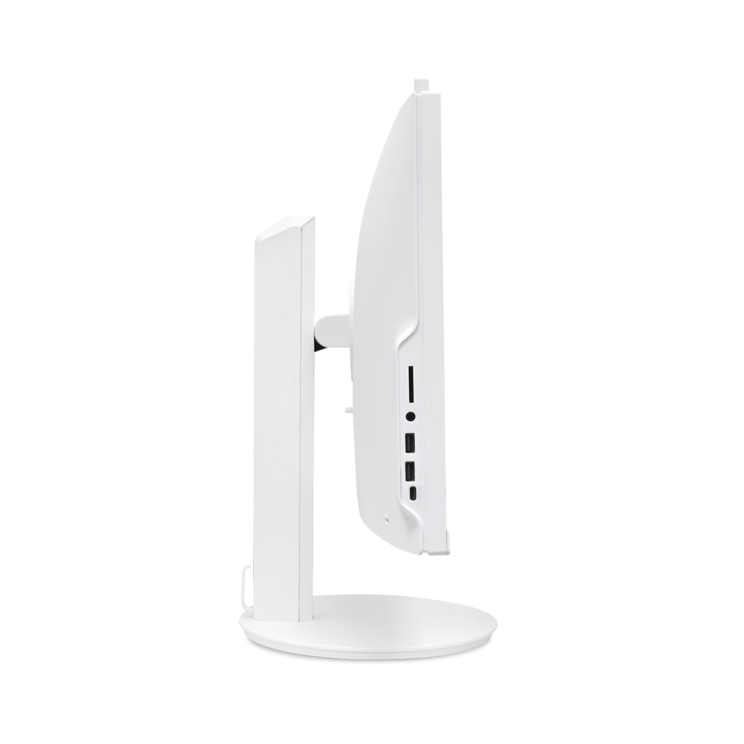 White Acer all-in-one computer, side view. The stand, ports, and the side profile are visible.