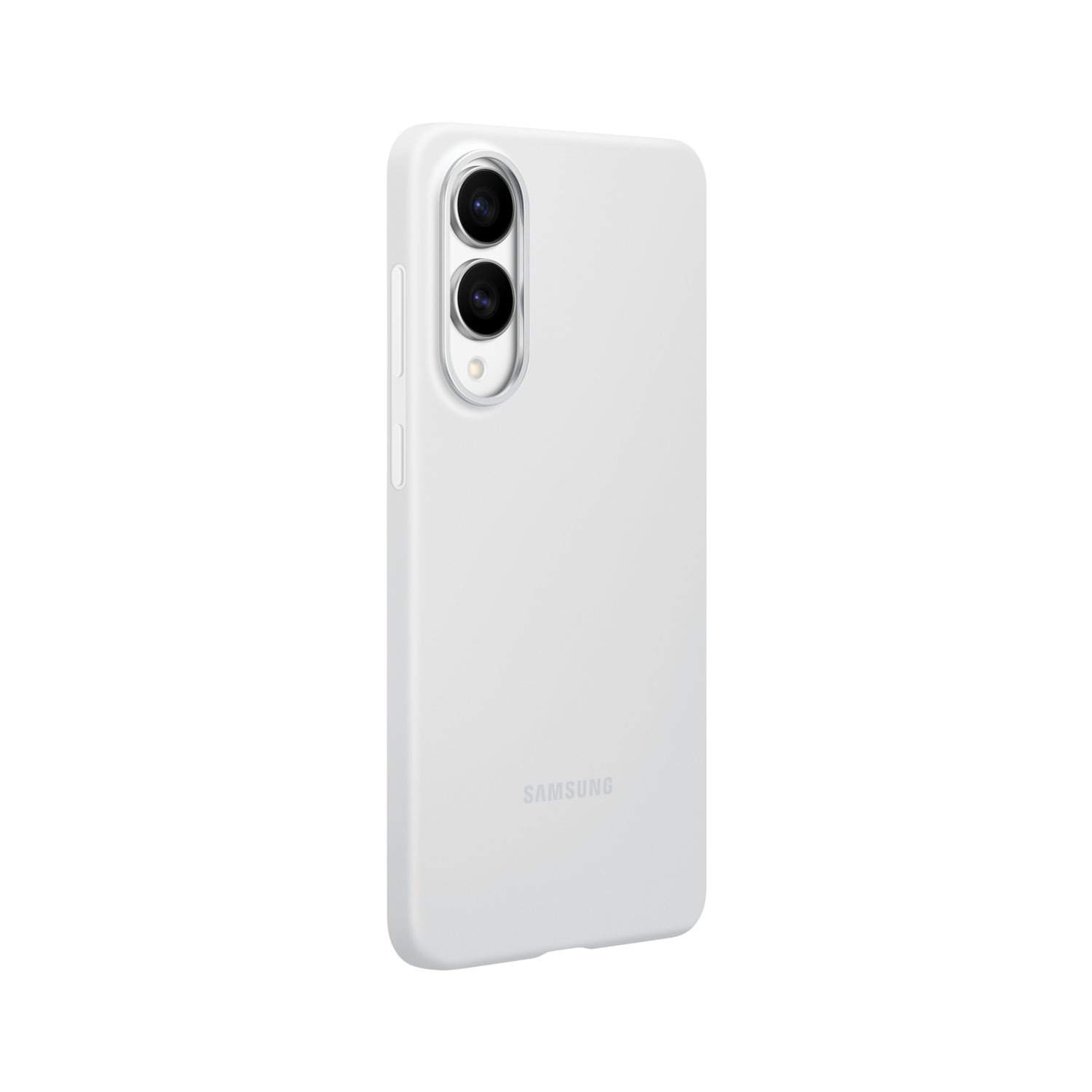Una funda de teléfono blanca con dos lentes de cámara y el logo de Samsung.