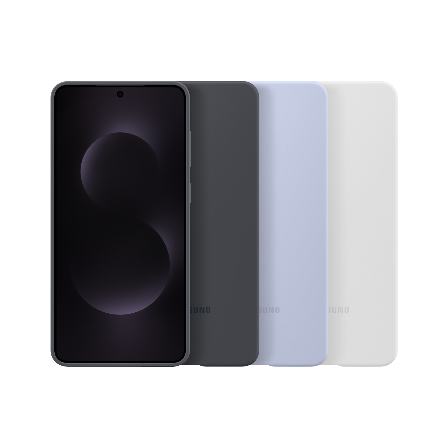 Un teléfono inteligente con una pantalla negra junto a tres fundas de diferentes colores.