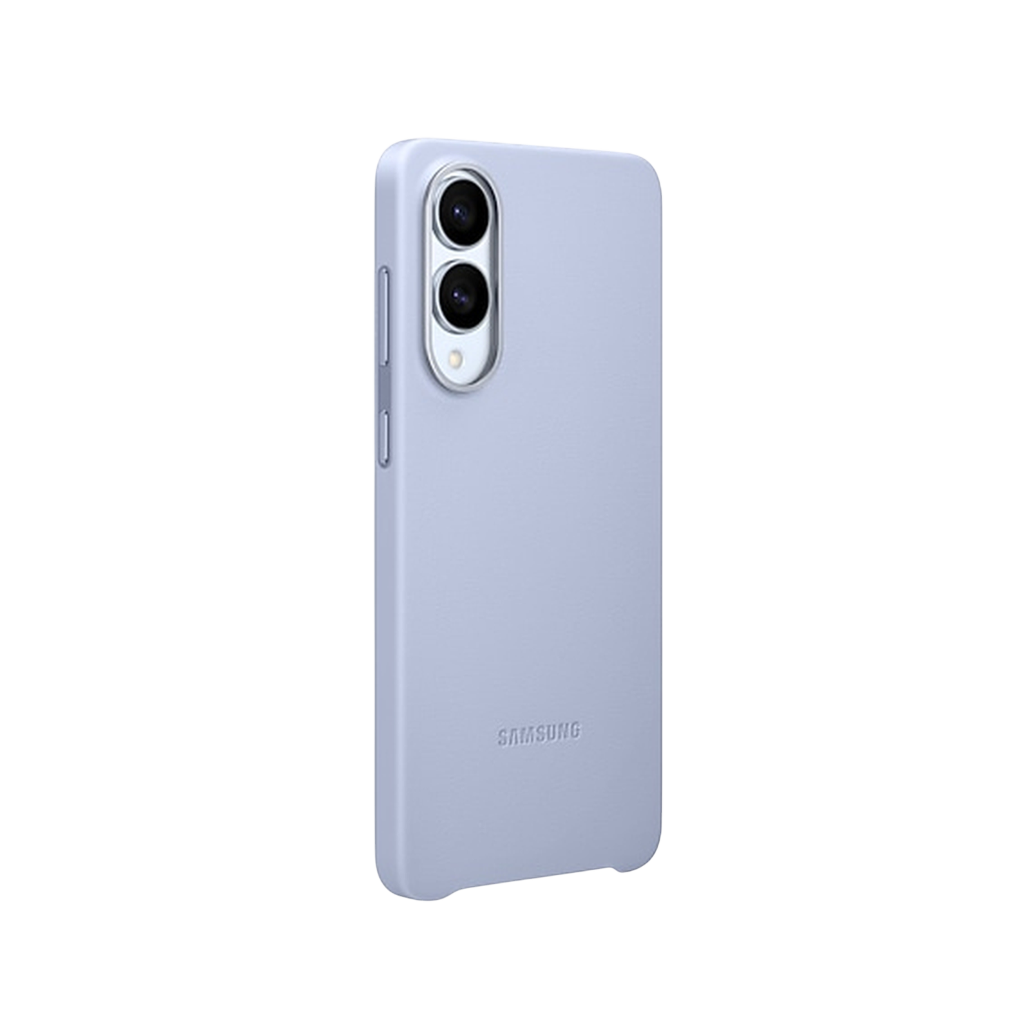 Una funda de teléfono morada clara con dos lentes de cámara y el logo de Samsung.