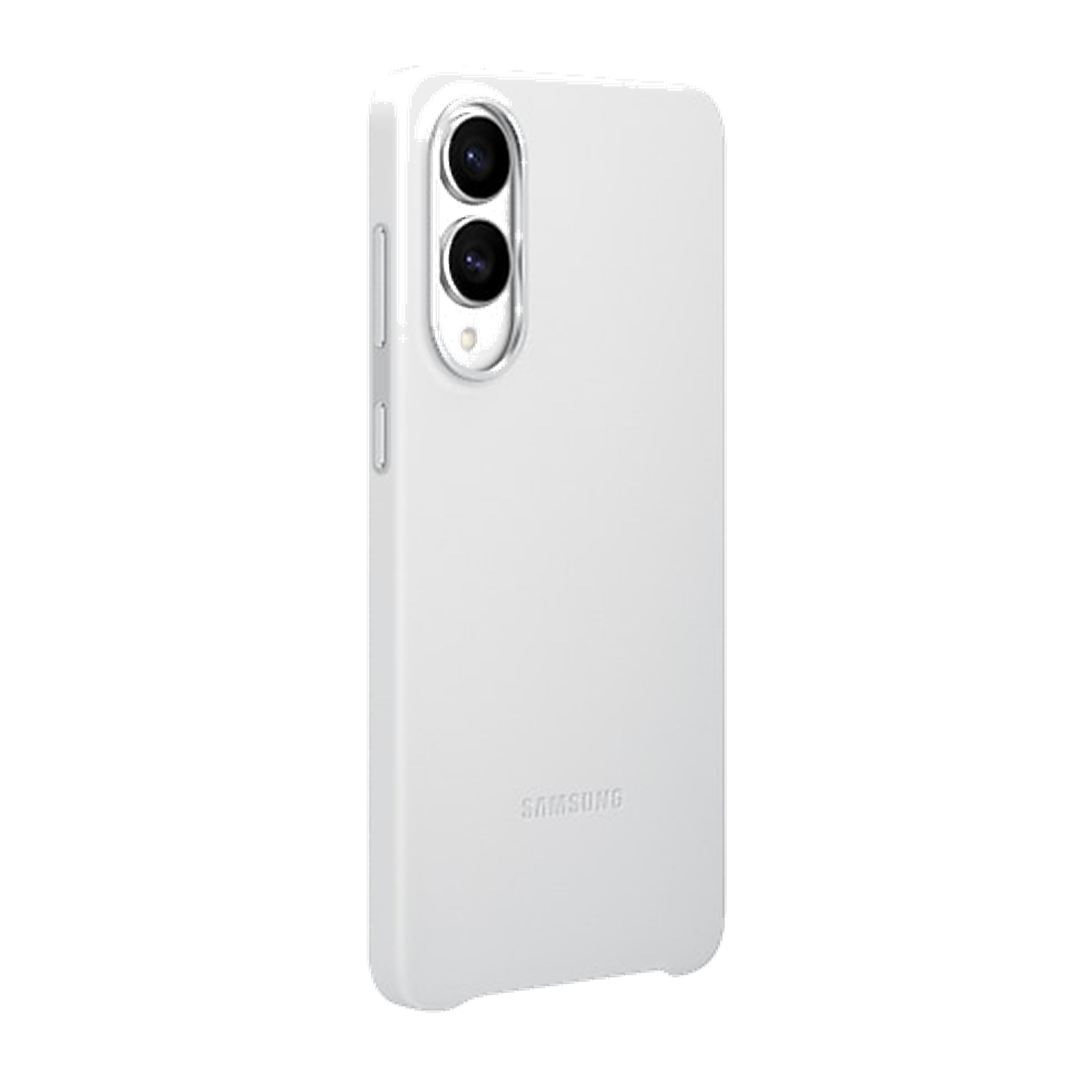 Una funda de teléfono blanca con dos lentes de cámara y el logo de Samsung.